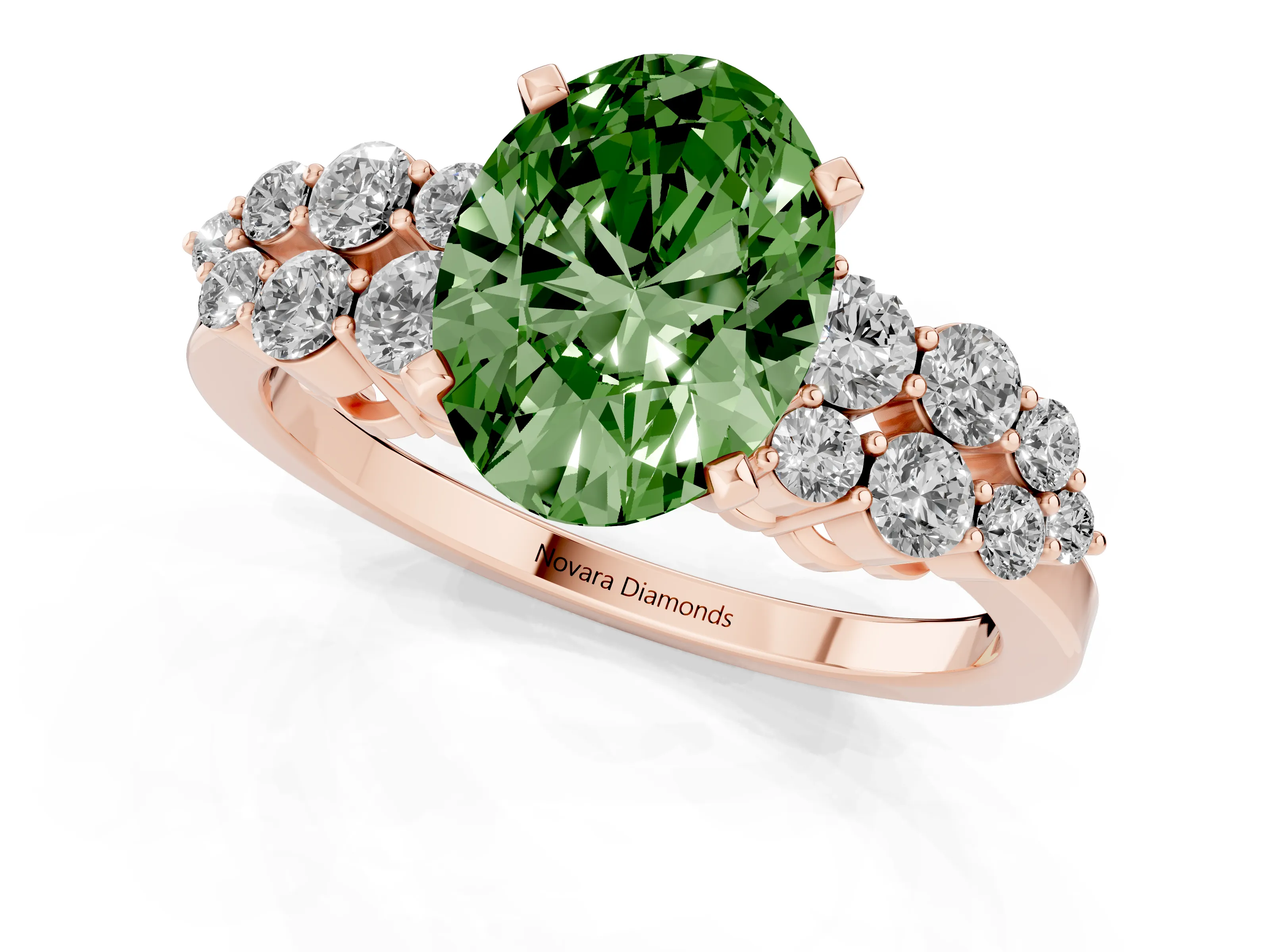Fancy Green Oval Cut Diamond Cluster Engagement Ring Set in Rose gold with Pavé Band and Prong Setting