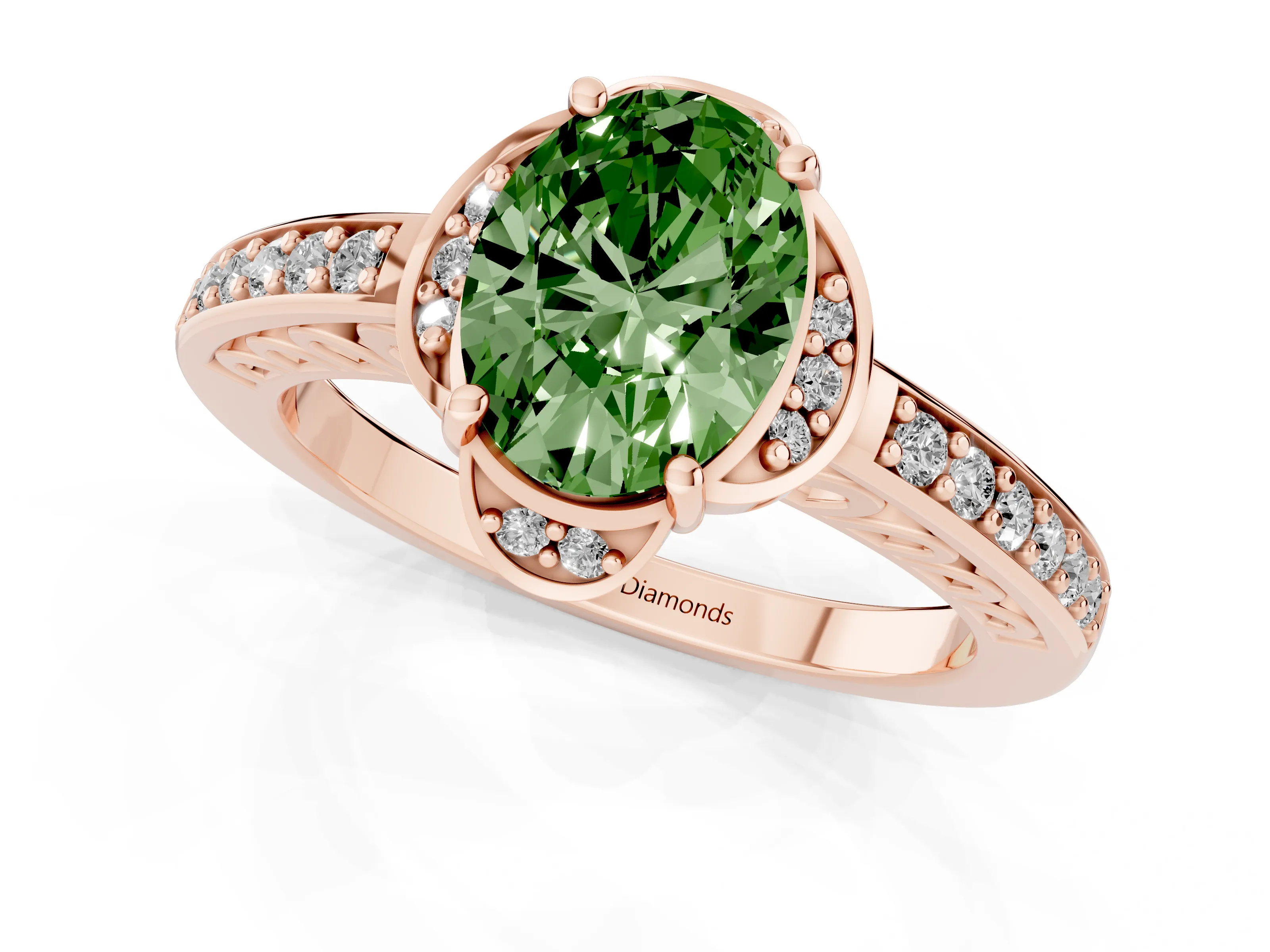 Fancy Green Oval Cut Diamond Halo Ring Set in Rose gold with Channel Set Band and Prong Setting