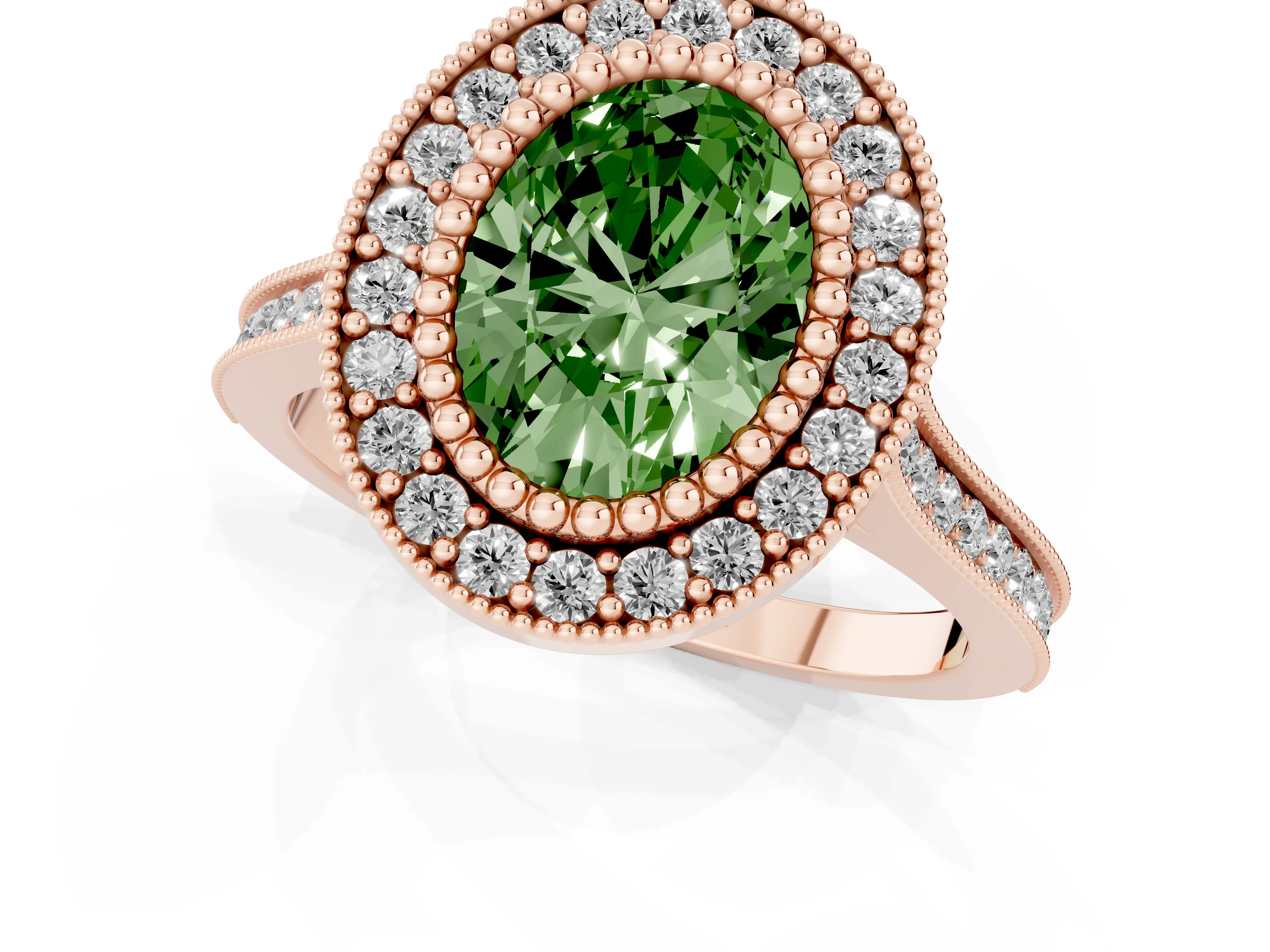 Fancy Green Oval Cut Diamond Halo Ring Set in Rose gold with Milgrain Frame and Pavé Band