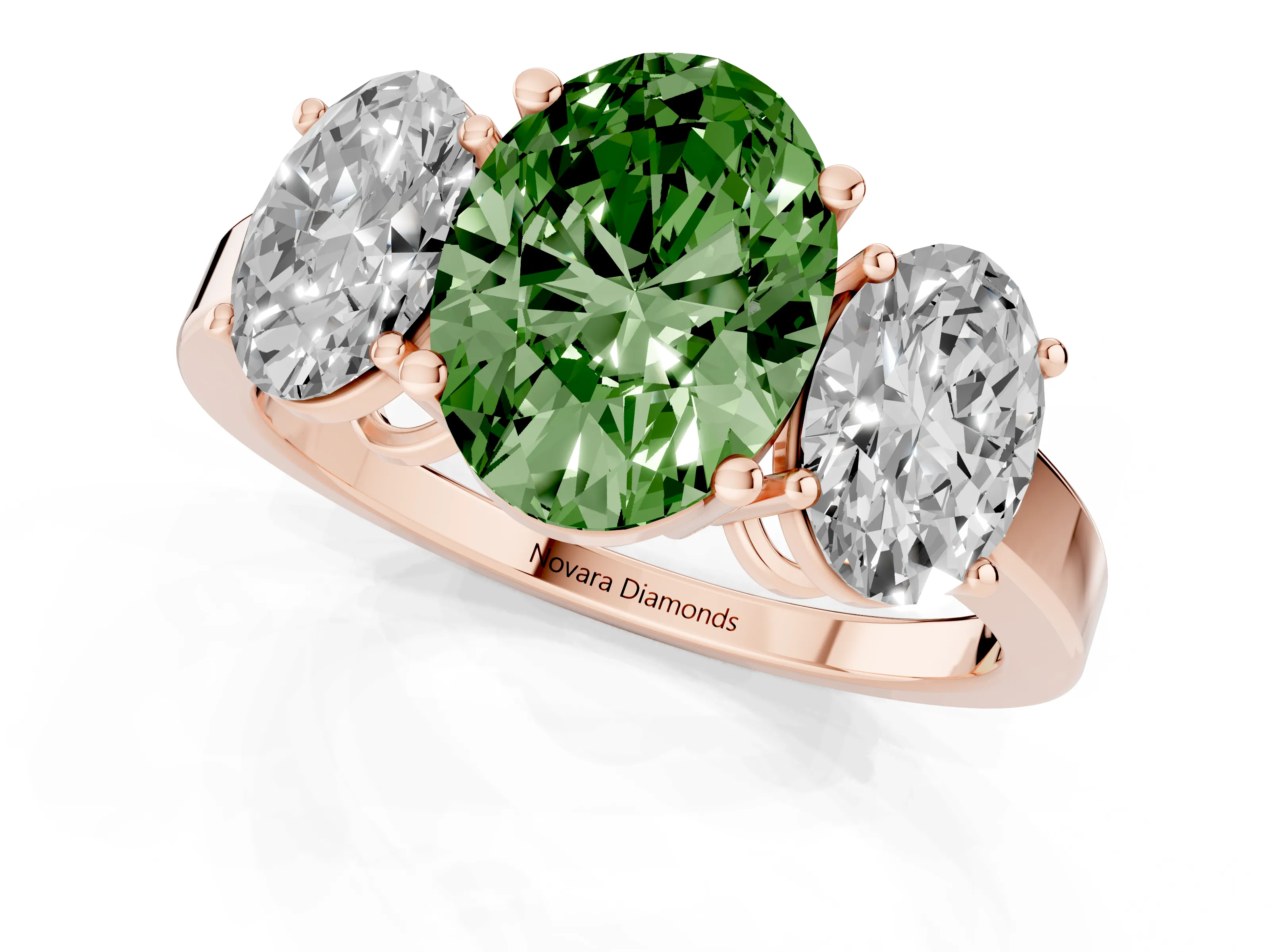 Fancy Green Oval Cut Diamond Three-Stone Engagement Ring Set in Rose gold with Flat Band