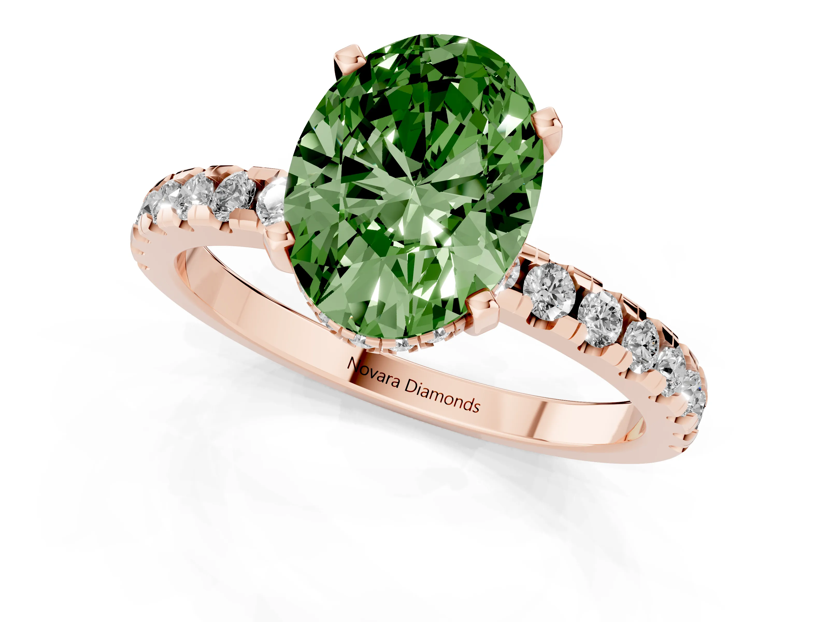 Fancy Green Oval Cut Diamond Pavé Solitaire Ring Set in Rose gold with Round Band Accents and Prong Setting