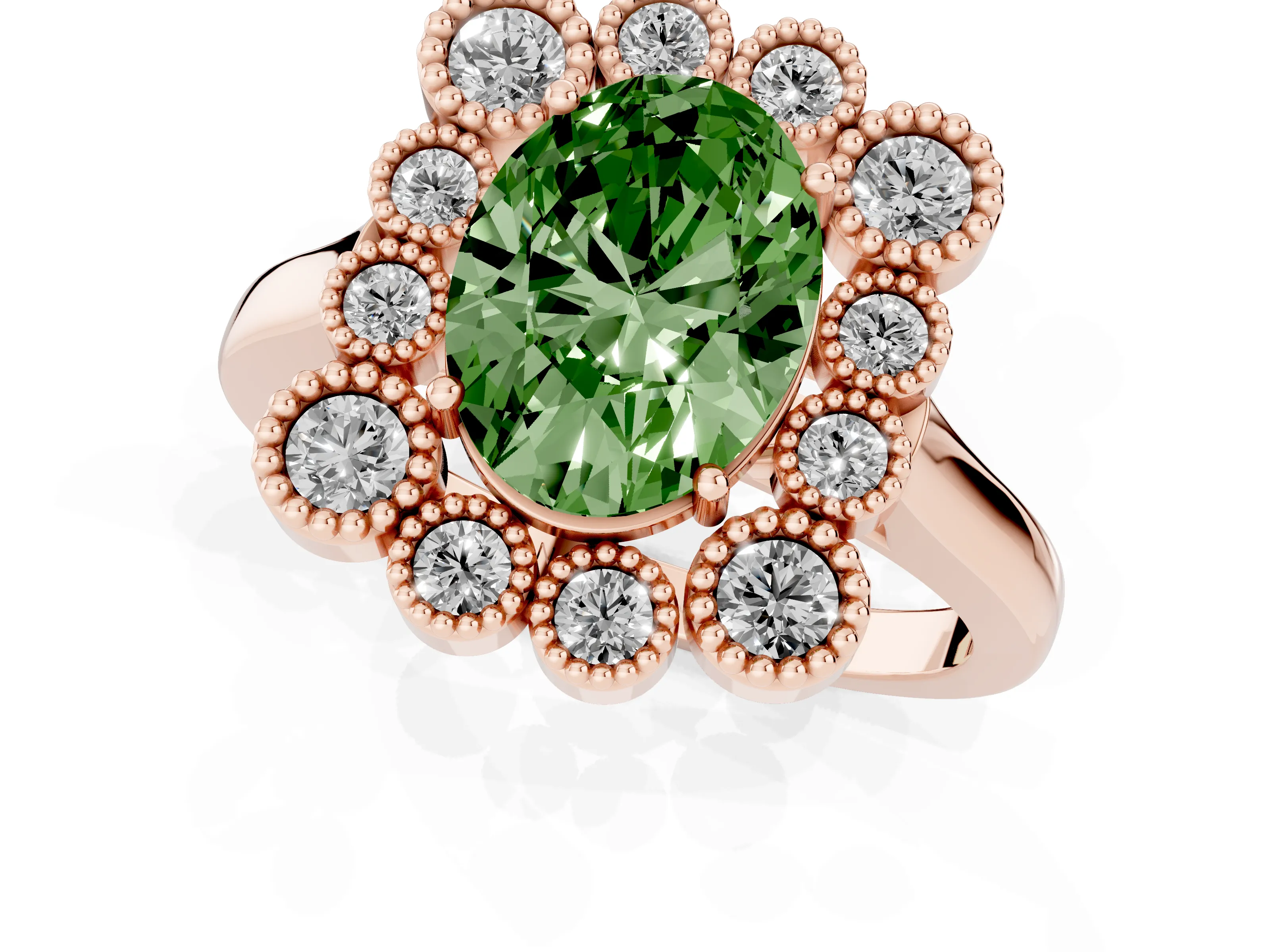 Fancy Green Oval Cut Diamond Cluster Halo Ring Set in Rose gold with Milgrain Bezel Accents and Plain Band