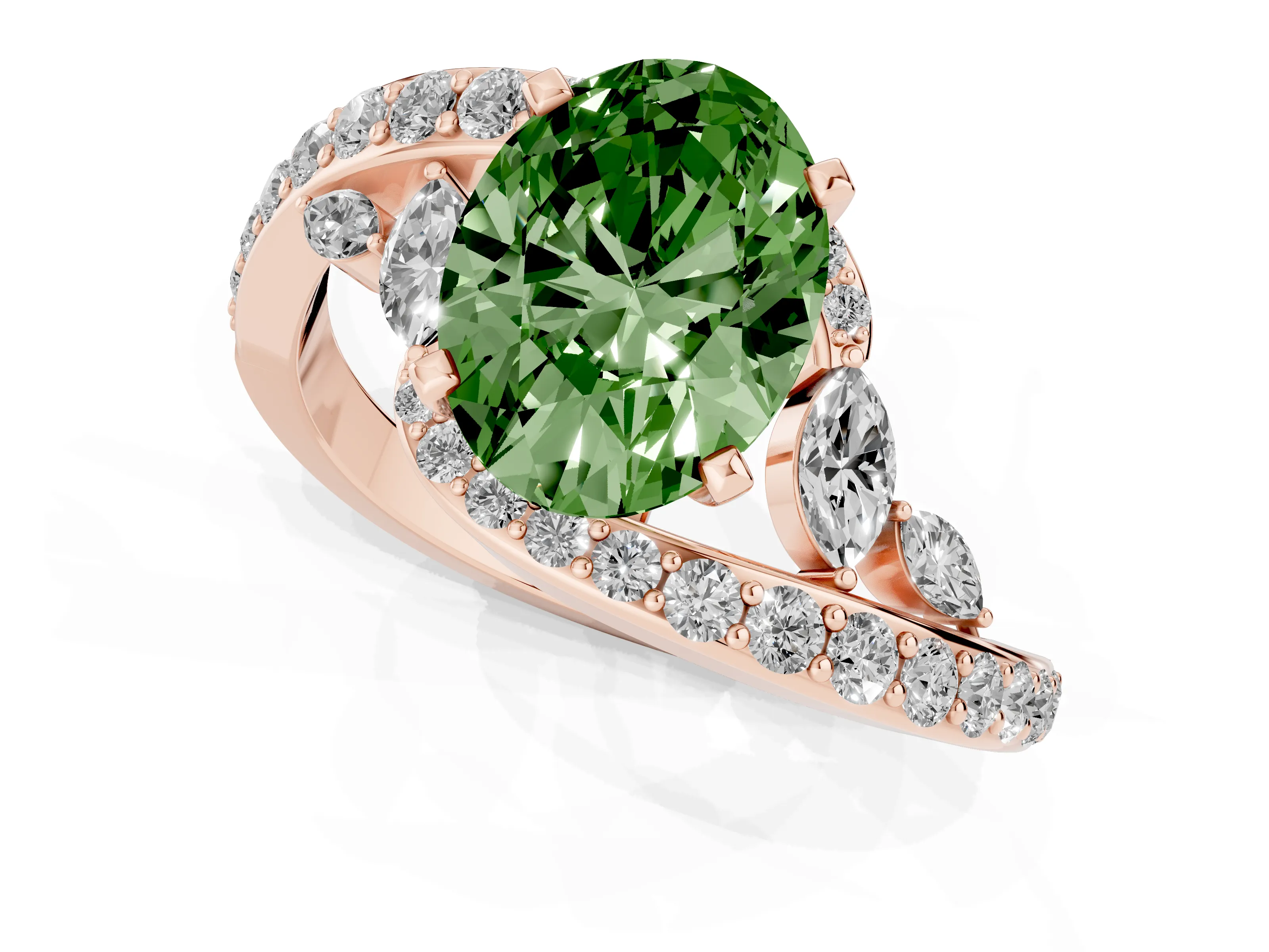 Fancy Green Oval Cut Diamond Solitaire Ring Set in Rose gold with Pavé Twist Band and Secure Prong Setting
