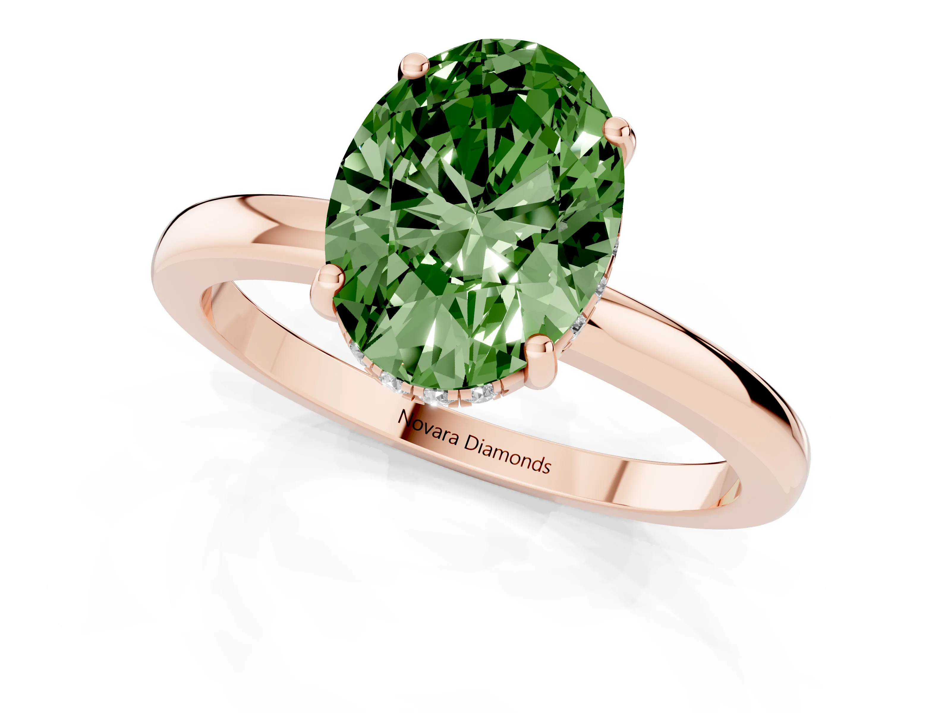 Fancy Green Oval Cut Diamond Solitaire Ring Set in Rose gold with Plain Band and Prong Setting