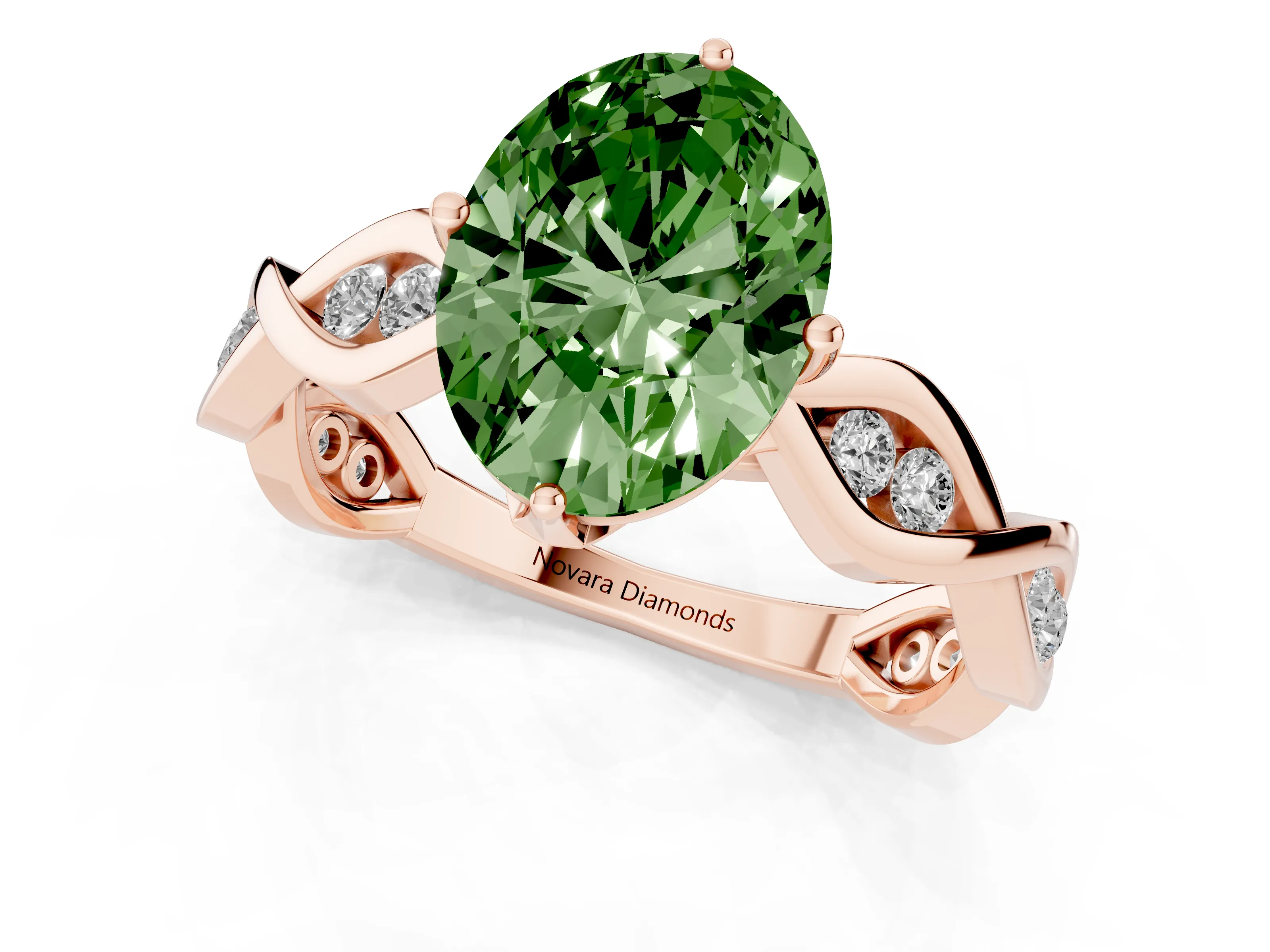 Fancy Green Oval Cut Diamond Twist Band Solitaire Ring Set in Rose gold with Leaf Prong Setting and Accent Stones