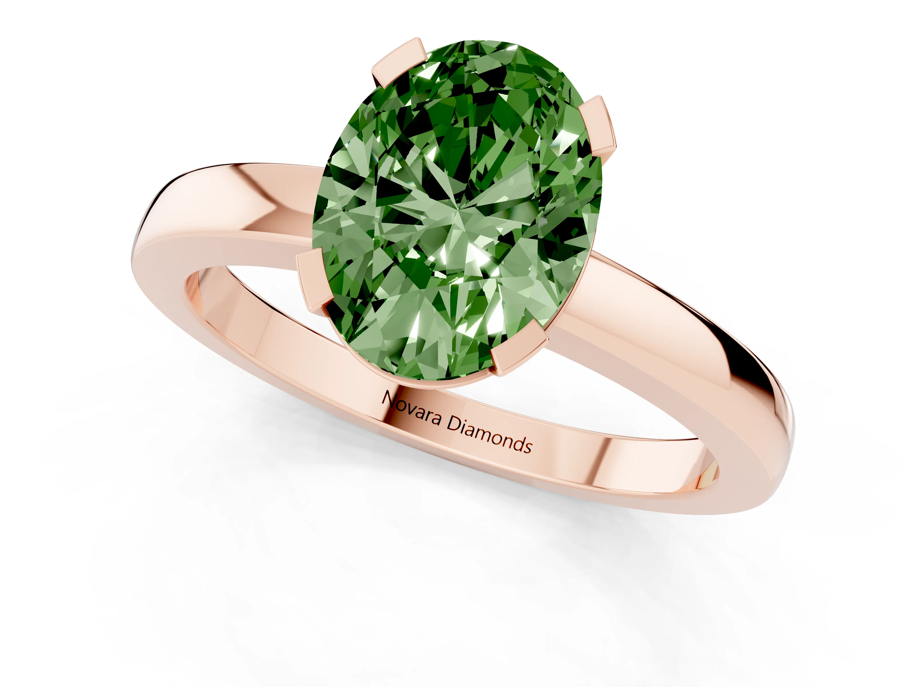 Fancy Green Oval Cut Diamond Solitaire Ring Set in Rose gold with Prong Head and Smooth Polished Band