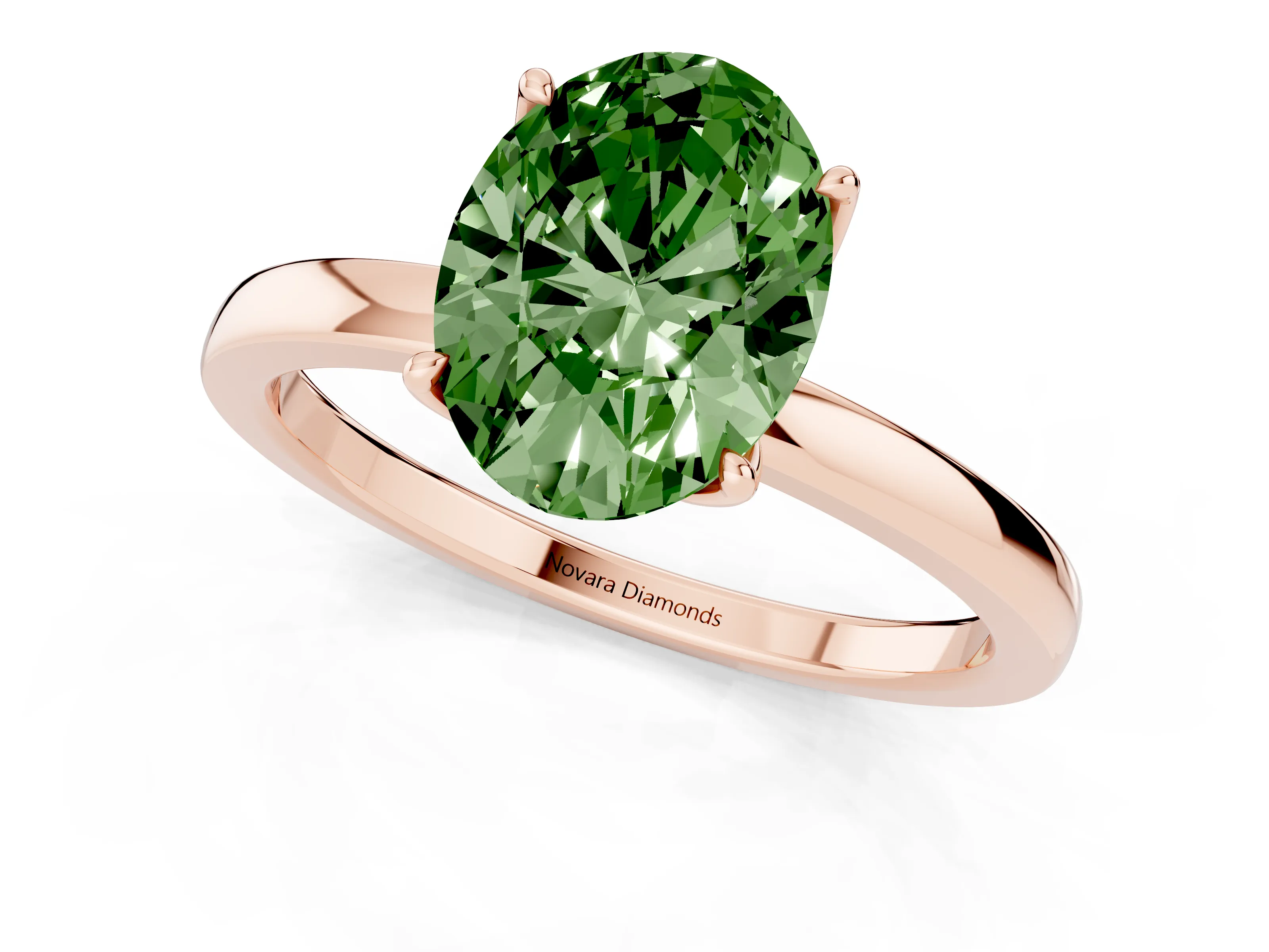 Fancy Green Oval Cut Diamond Solitaire Ring Set in Rose gold with Prong Setting and Thin Polished Band