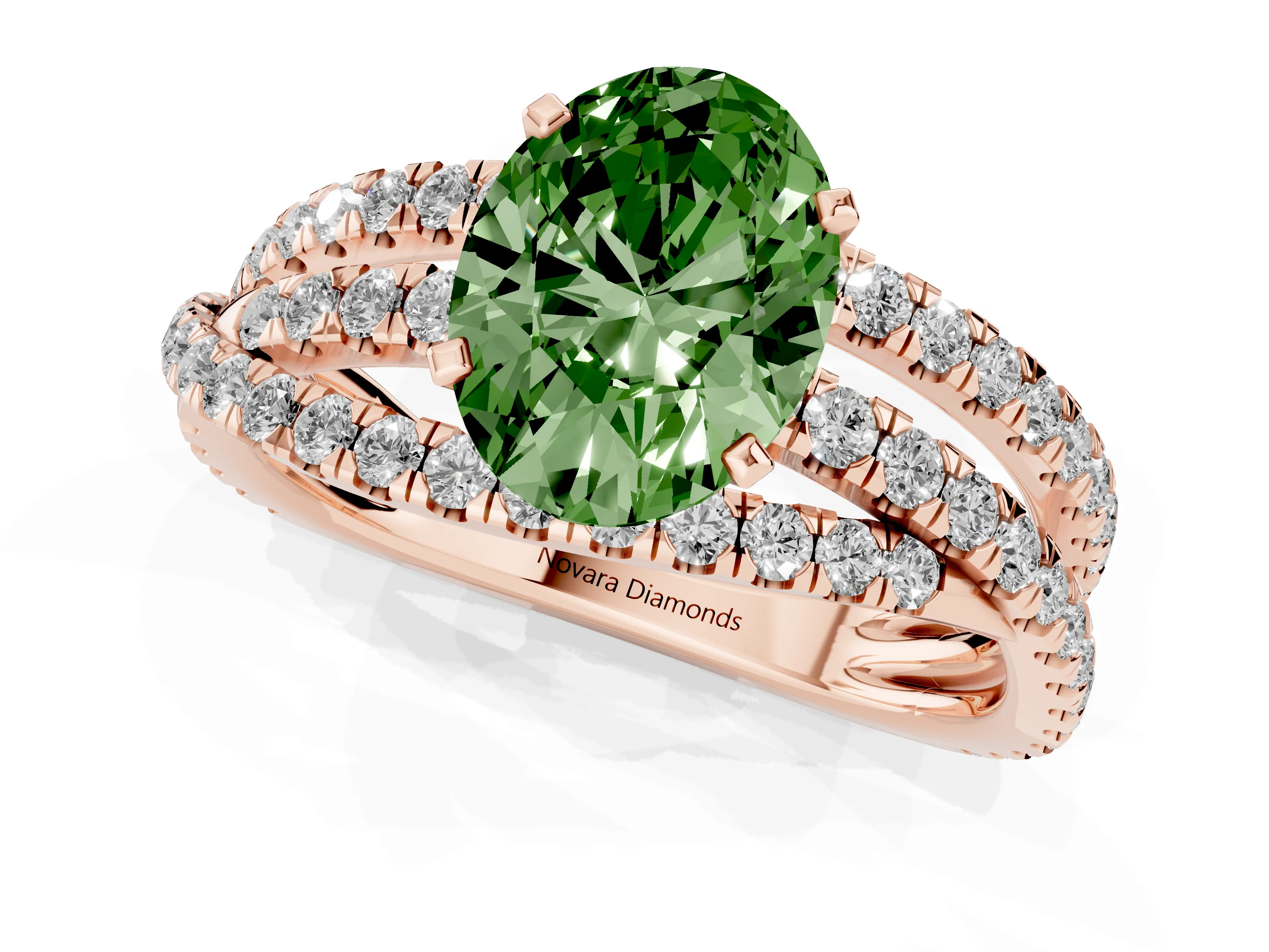 Fancy Green Oval Cut Diamond Solitaire Twist Band Ring Set in Rose gold with Pavé Setting and Prong Head