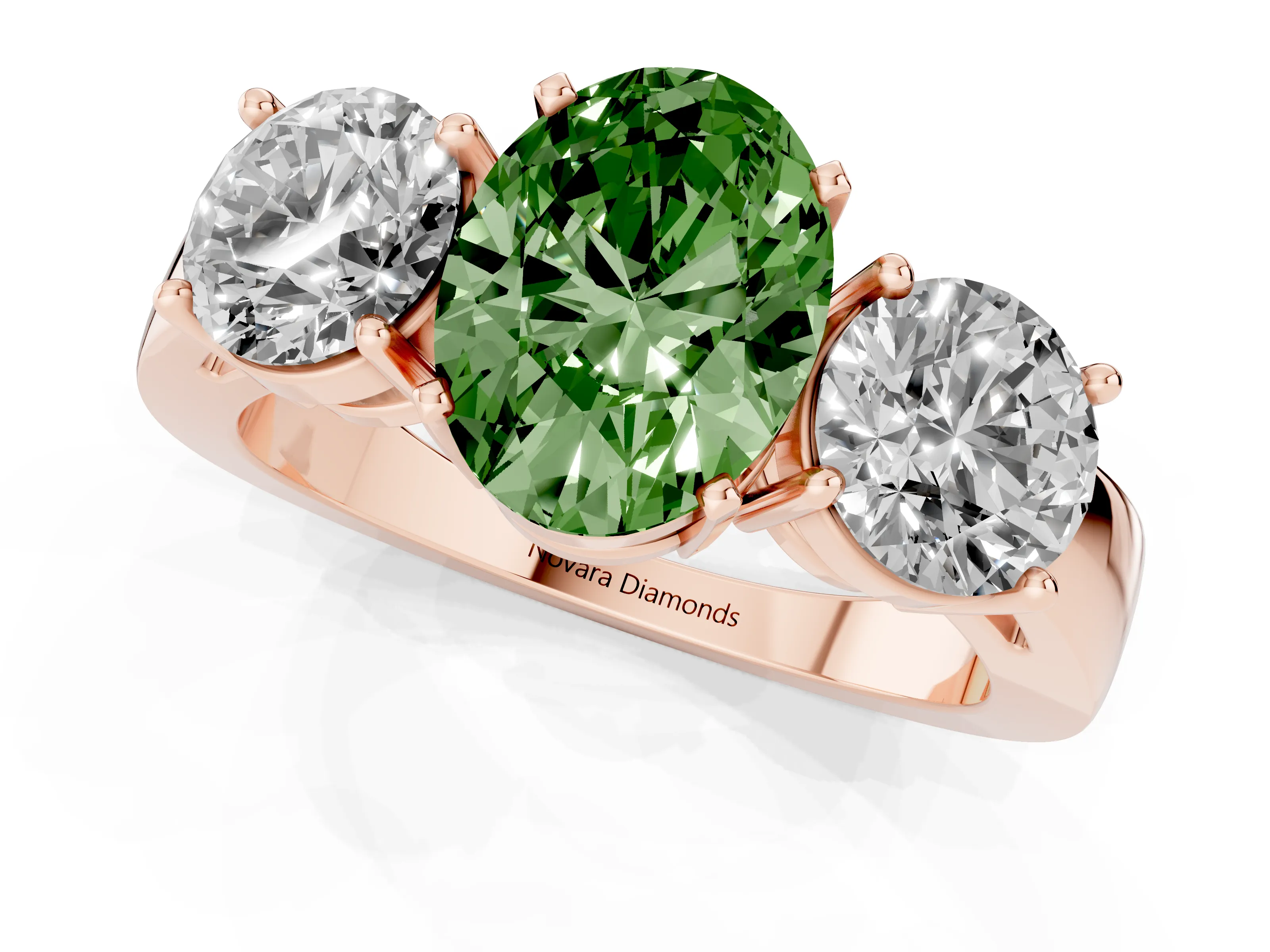 Fancy Green Oval Cut Diamond Three-Stone Ring Set in Rose gold with Round Side Stones and Classic Band