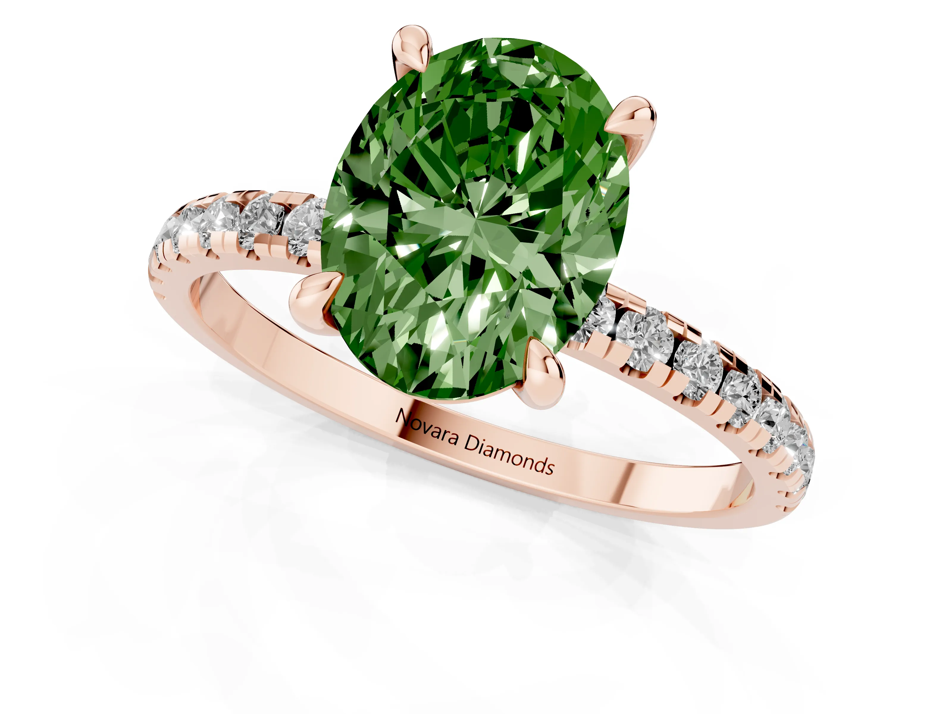 Fancy Green Oval Cut Diamond Brilliant Solitaire Ring Set in Rose gold with Pavé Band and Prong Setting