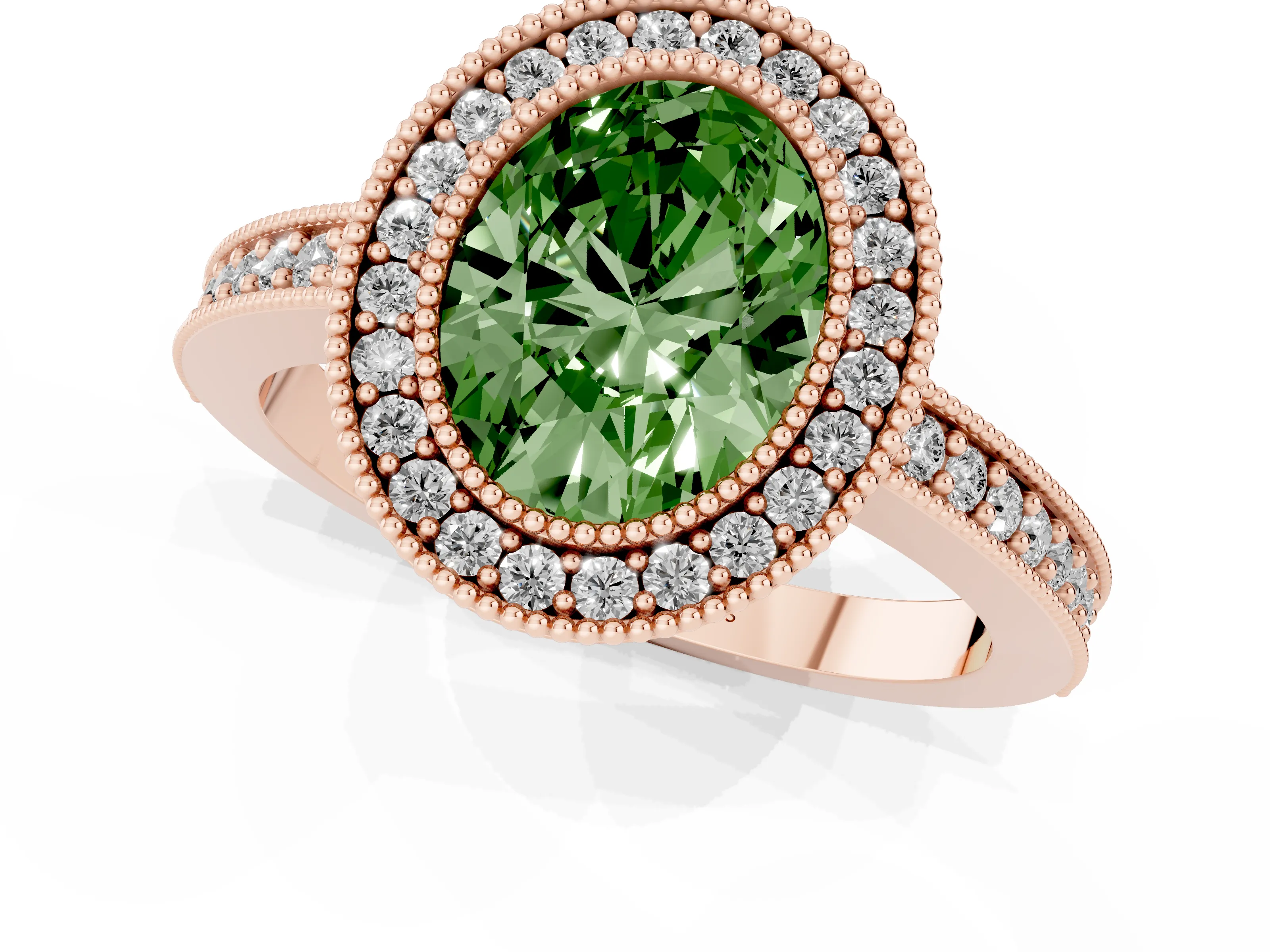 Fancy Green Oval Cut Diamond Halo Engagement Ring Set in Rose gold with Pavé Band and Round Halo Stones