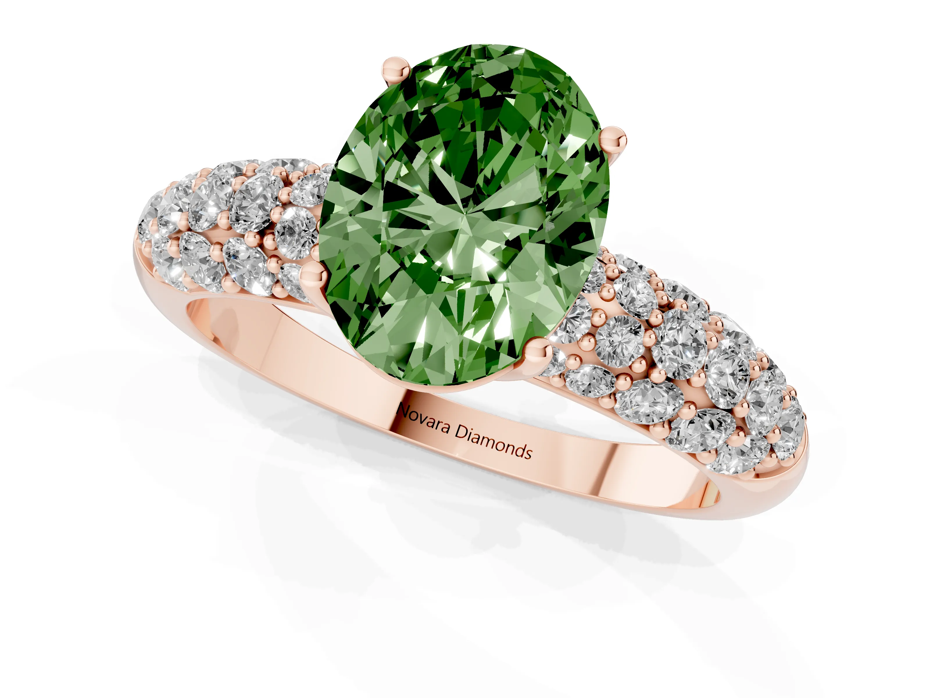 Fancy Green Oval Cut Diamond Pavé Band Solitaire Ring Set in Rose gold with Close-Set Accent Stones and Prong Setting