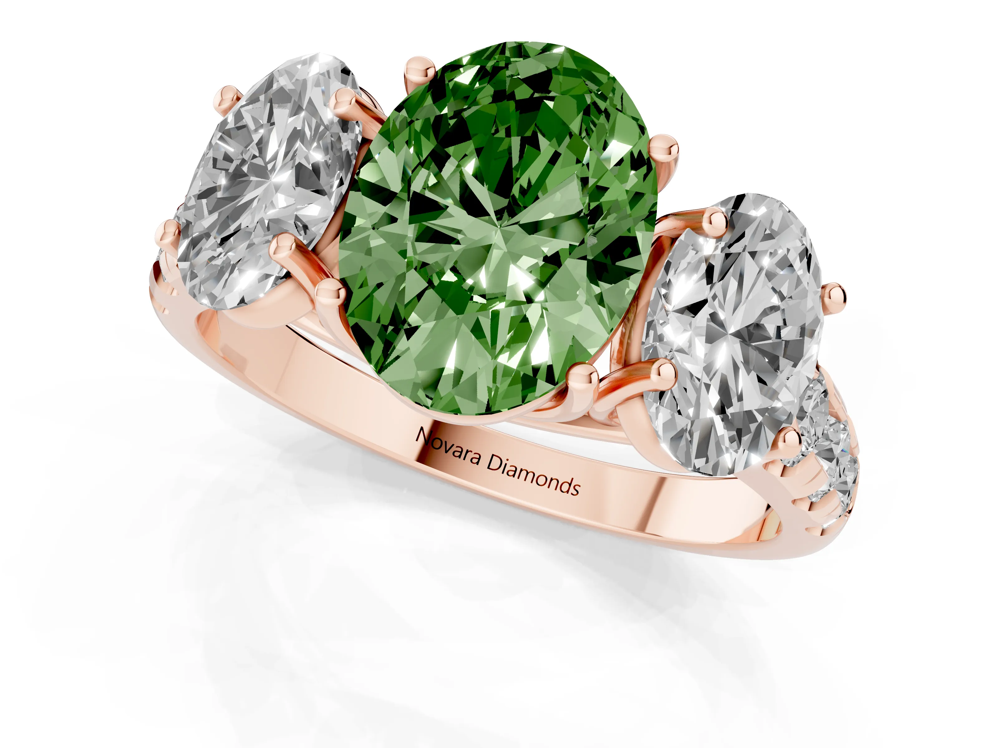 Fancy Green Oval Cut Diamond Three-Stone Ring Set in Rose gold with Pavé Band