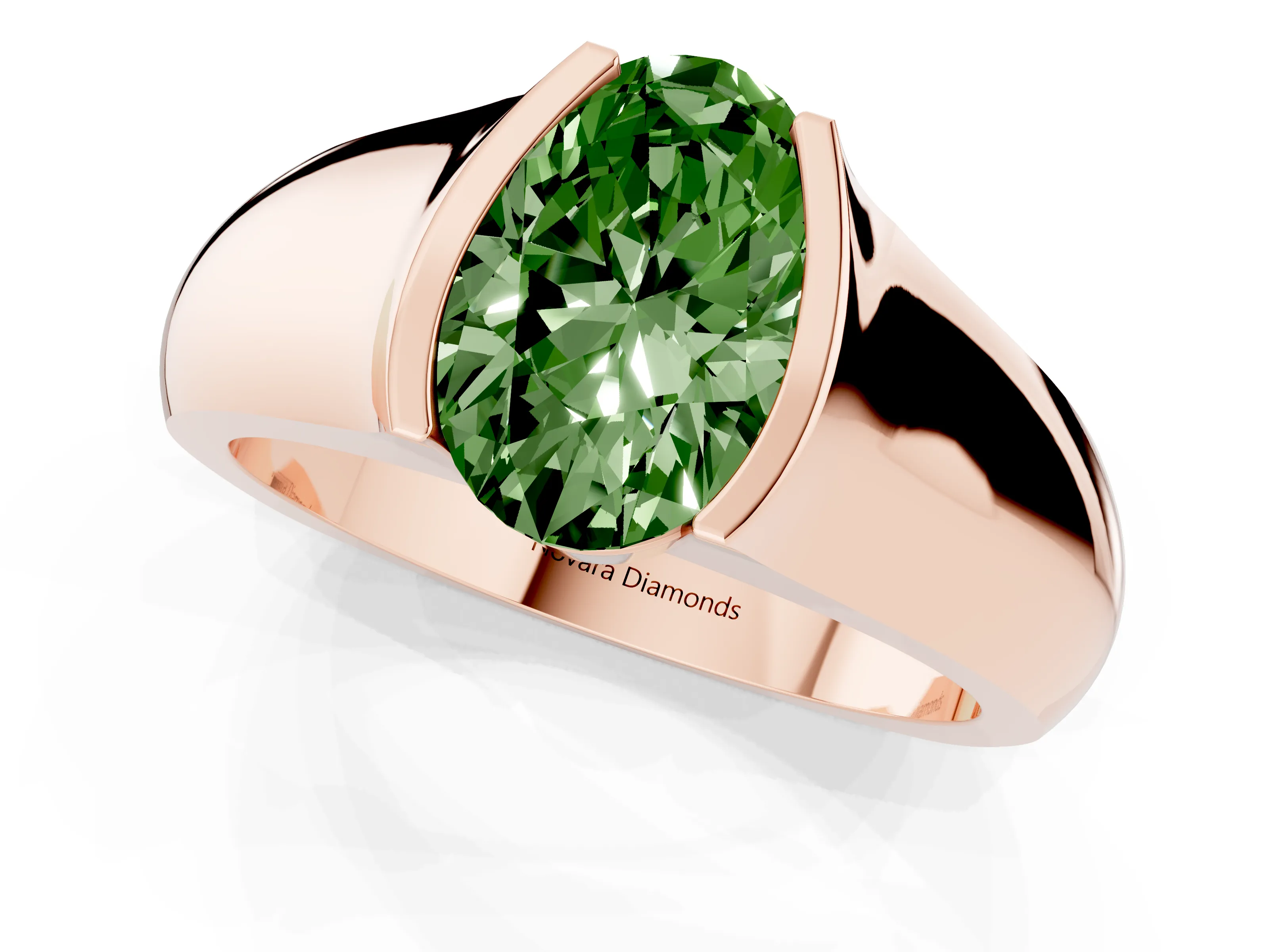 Fancy Green Oval Cut Diamond Bezel Solitaire Ring Set in Rose gold with Wide Band