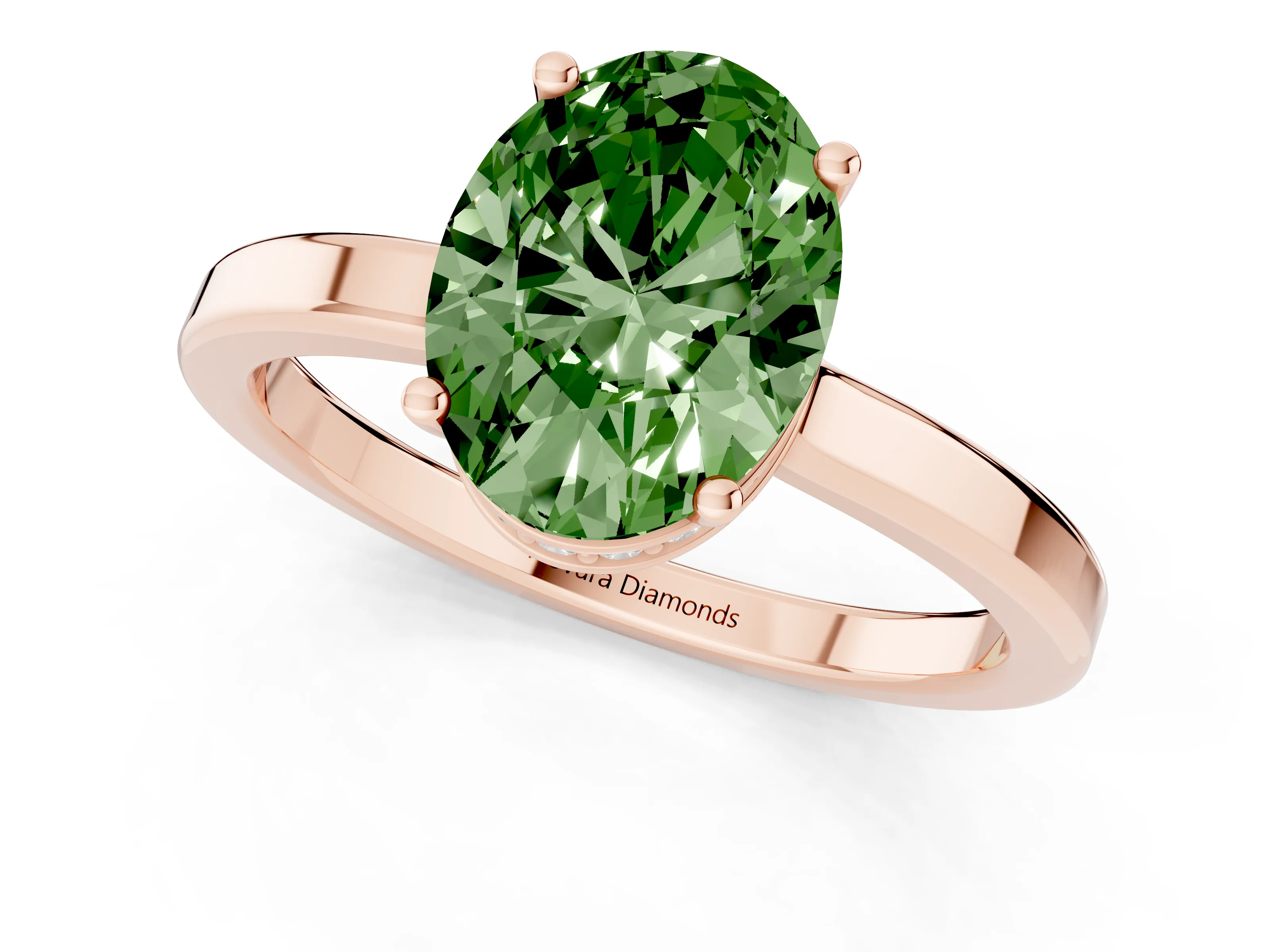 Fancy Green Oval Cut Diamond Solitaire Engagement Ring Set in Rose gold with Prong Setting on a Plain Band