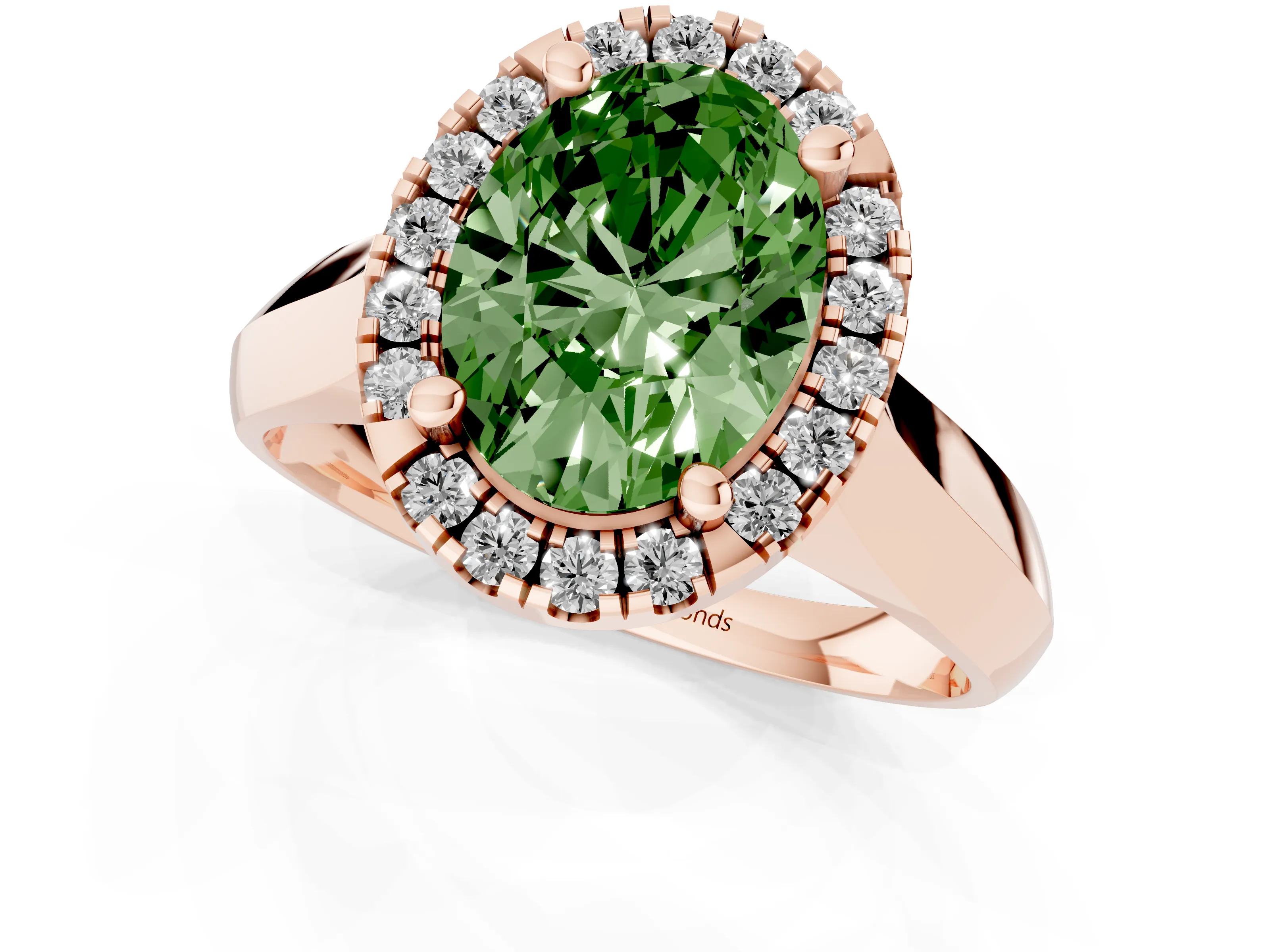 Fancy Green Oval Cut Diamond Halo Solitaire Engagement Ring Set in Rose gold with Square Band and Prong Setting
