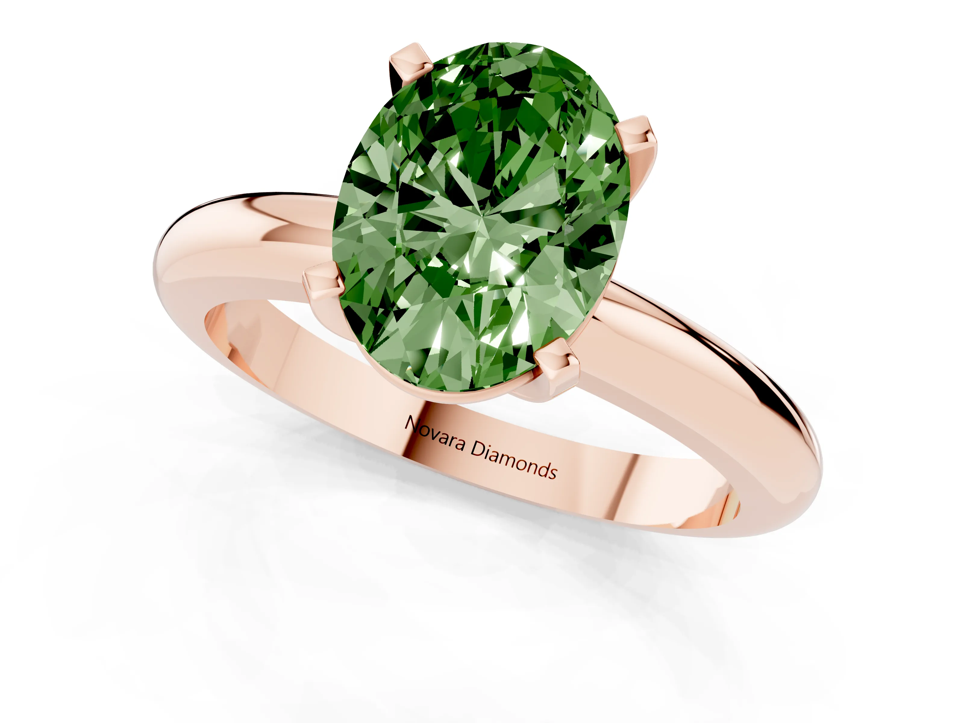 Fancy Green Oval Cut Diamond Solitaire Engagement Ring Set in Rose gold with Round Band and Prong Setting