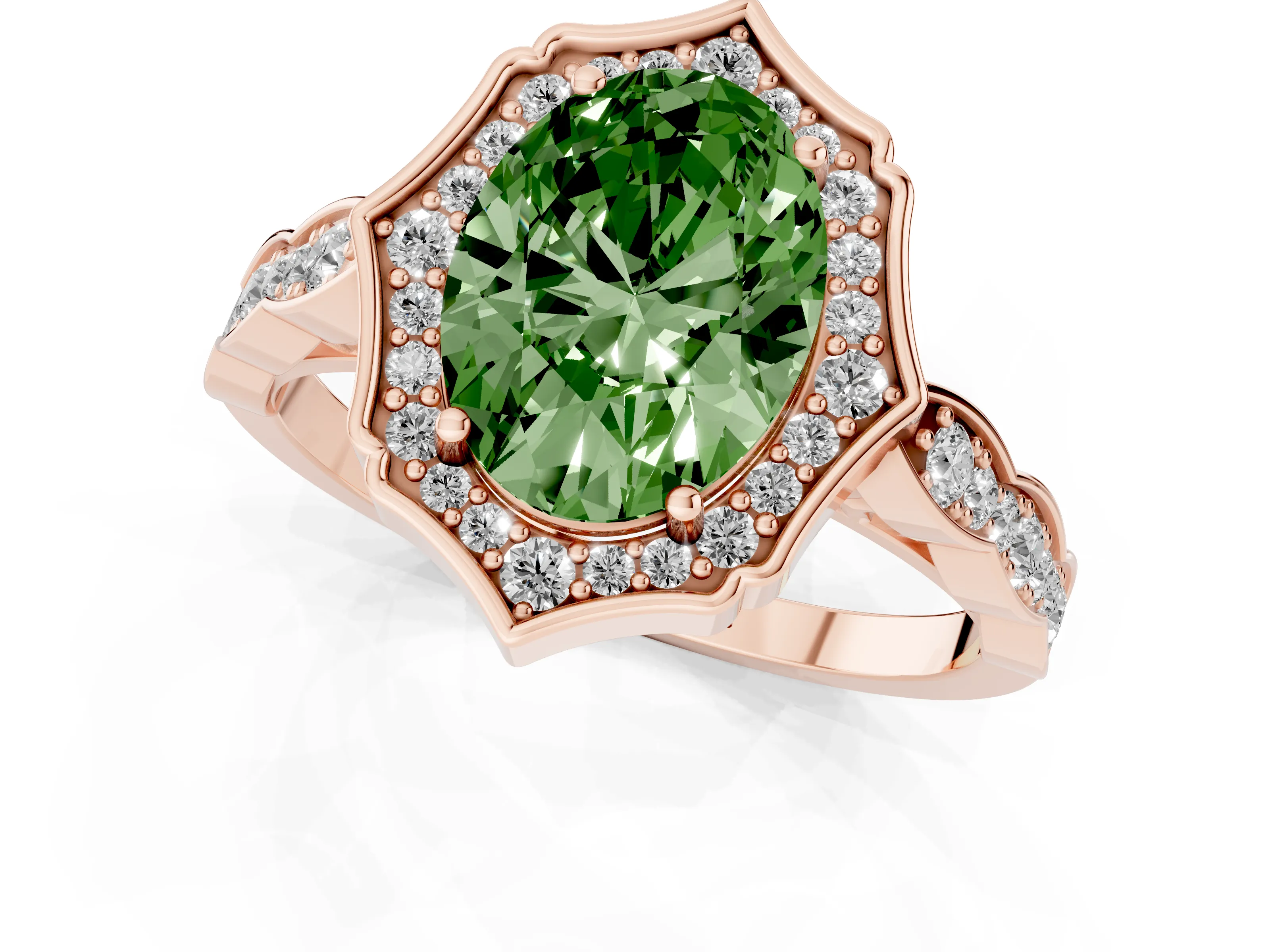 Fancy Green Oval Cut Diamond Halo Engagement Ring Set in Rose gold with Milgrain Band and Prong Setting