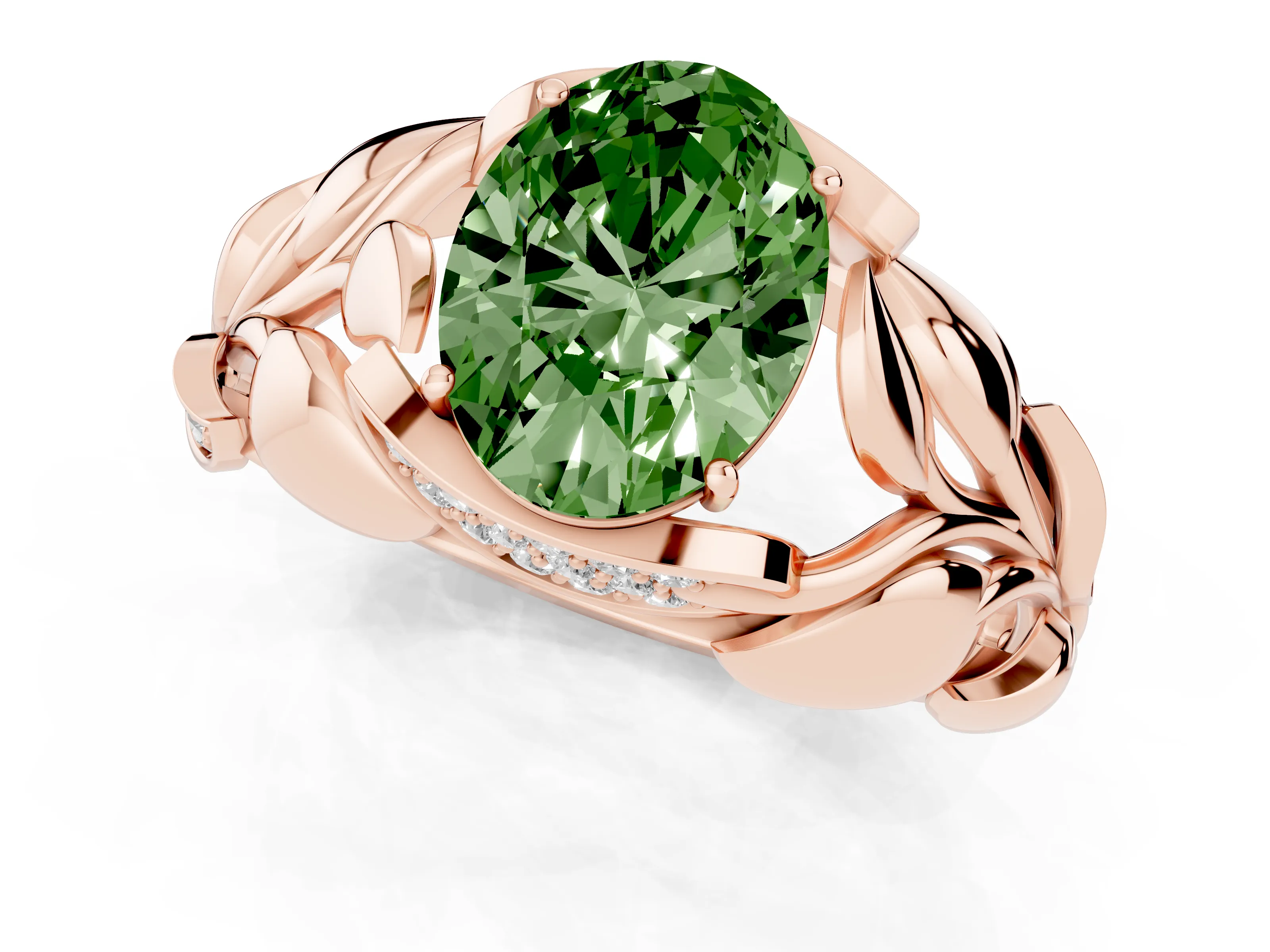 Fancy Green Oval Cut Diamond Leaf-Inspired Engagement Ring Set in Rose gold with Round Accents