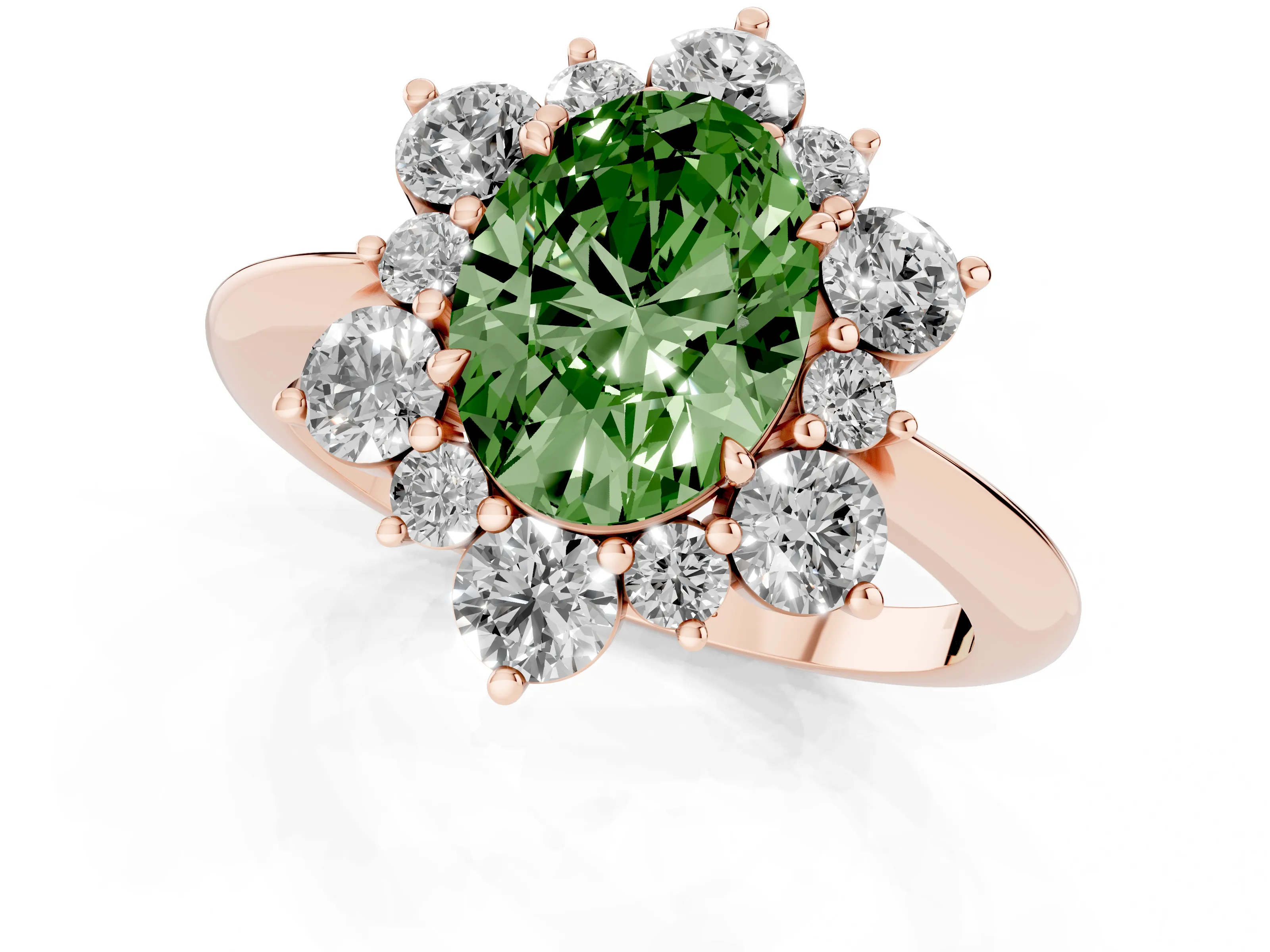 Fancy Green Oval Cut Diamond Cluster Halo Ring Set in Rose gold with Solitaire Band and Prong Setting