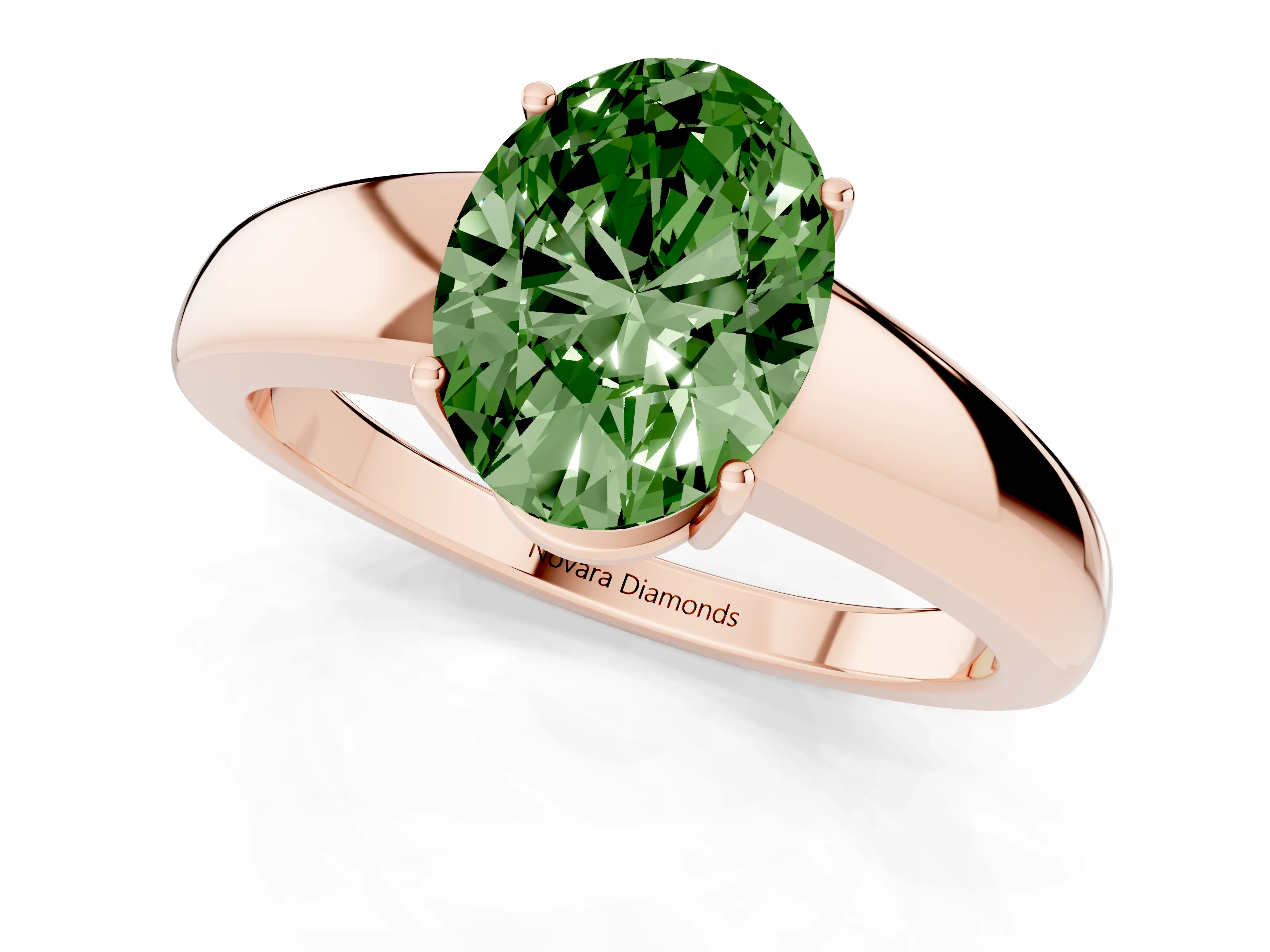 Fancy Green Oval Cut Diamond Solitaire Ring Set in Rose gold with Tapered Band and Prong Setting