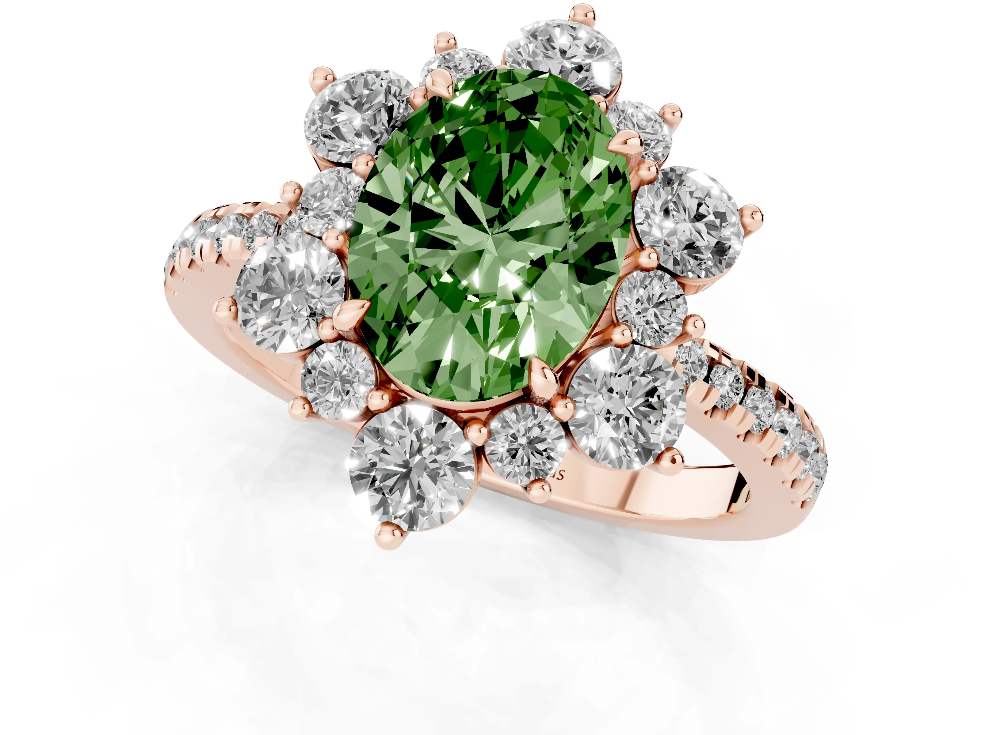 Fancy Green Oval Cut Diamond Floral Halo Ring Set in Rose gold with Round Pavé Band and Prong Setting
