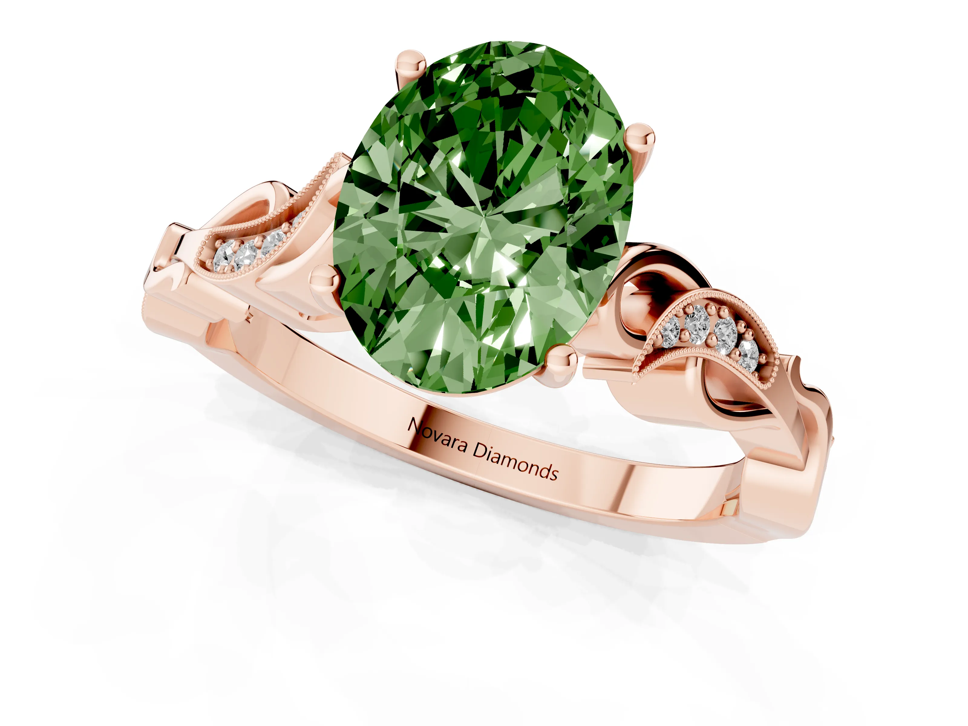 Fancy Green Oval Cut Diamond Vine Band Solitaire Ring Set in Rose gold with Milgrain Prong Setting