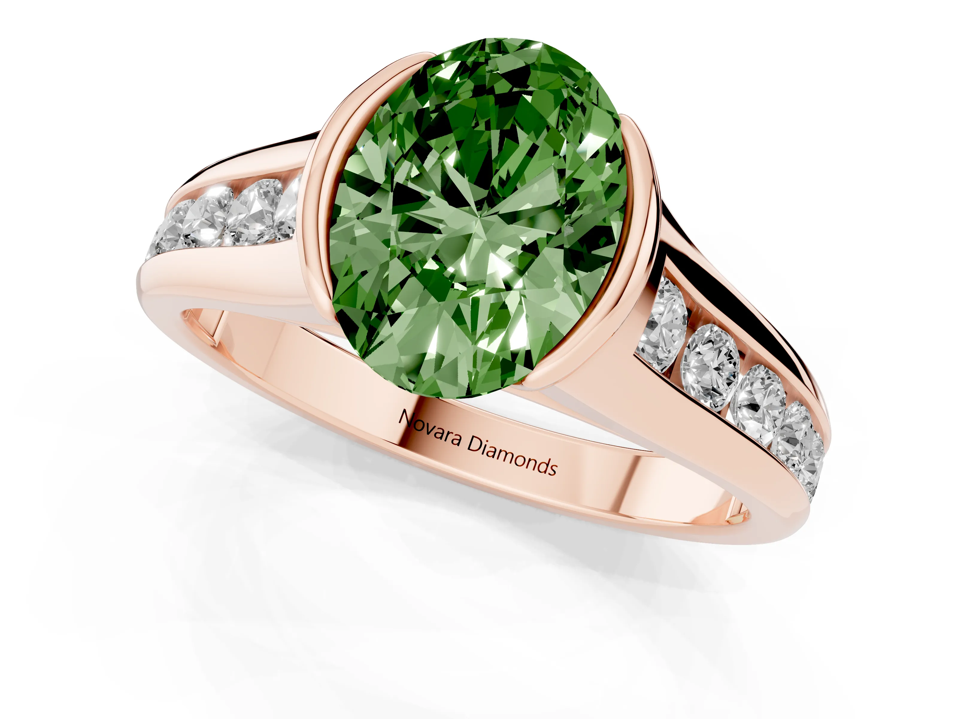 Fancy Green Oval Cut Diamond Bezel-Set Solitaire Ring Set in Rose gold with Channel-Set Band