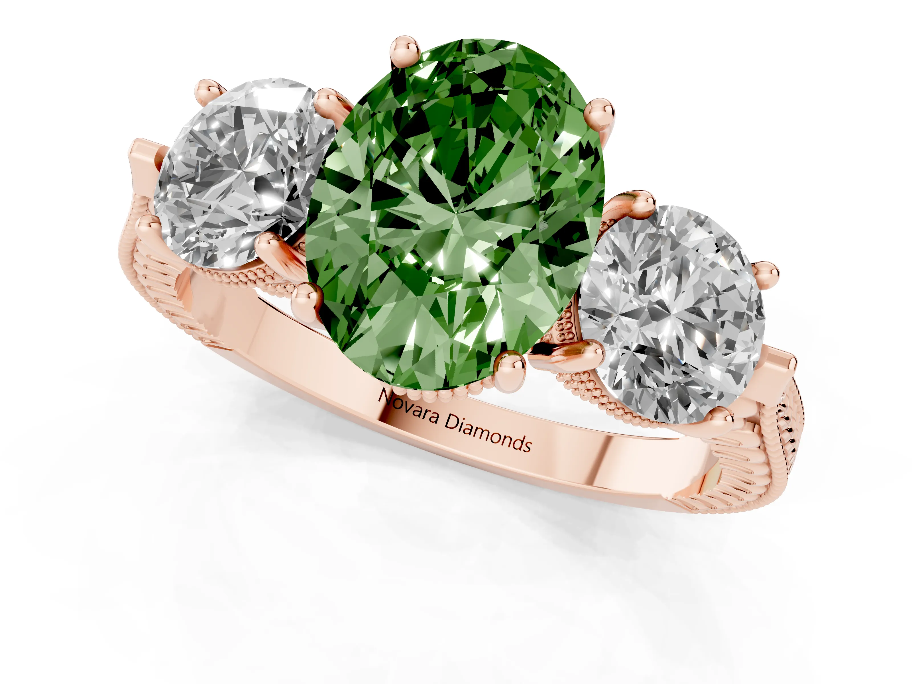 Fancy Green Oval Cut Diamond Three-Stone Ring Set in Rose gold with Milgrain Band