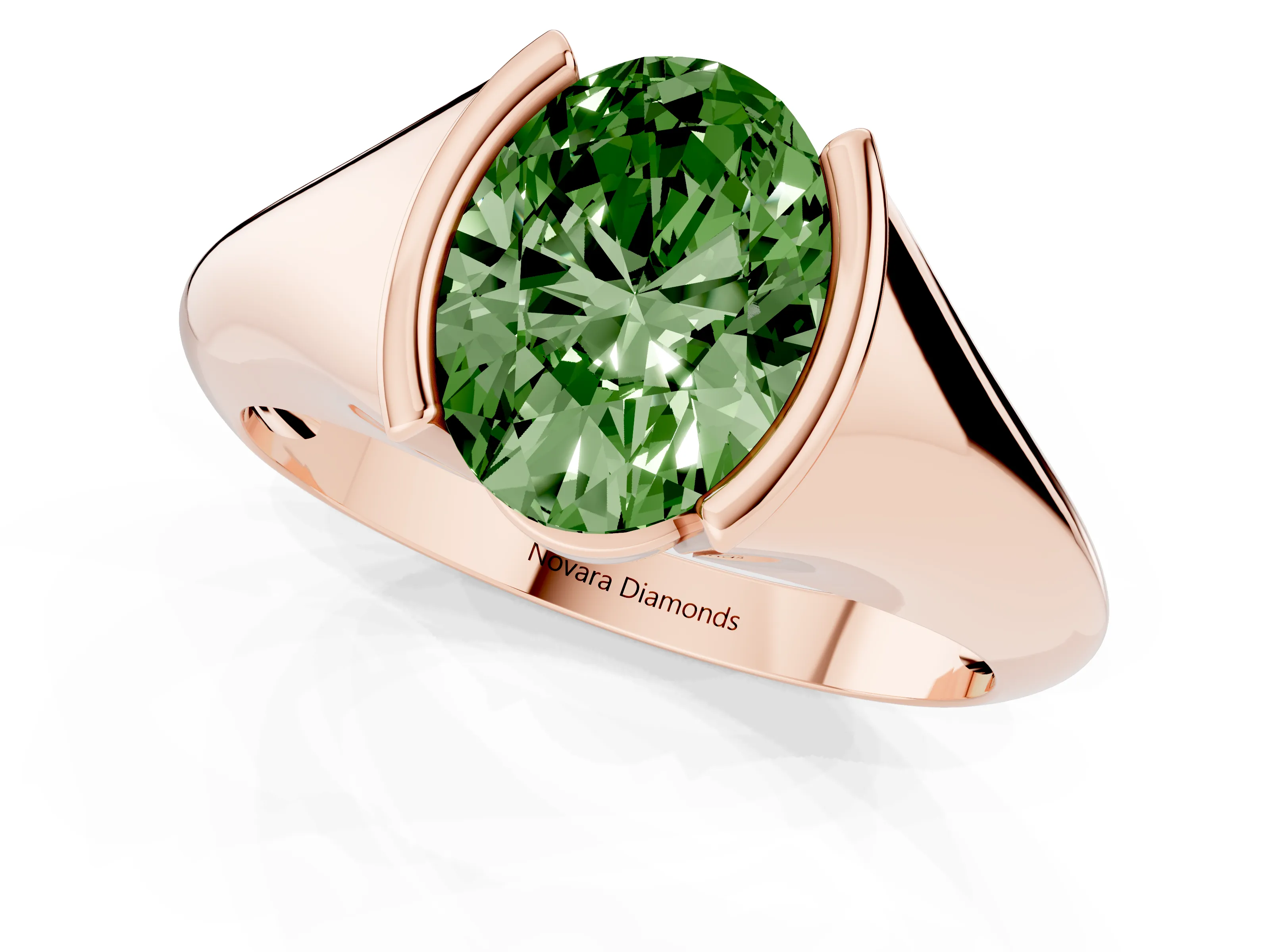 Fancy Green Oval Cut Diamond Solitaire Tension Set Ring Set in Rose gold