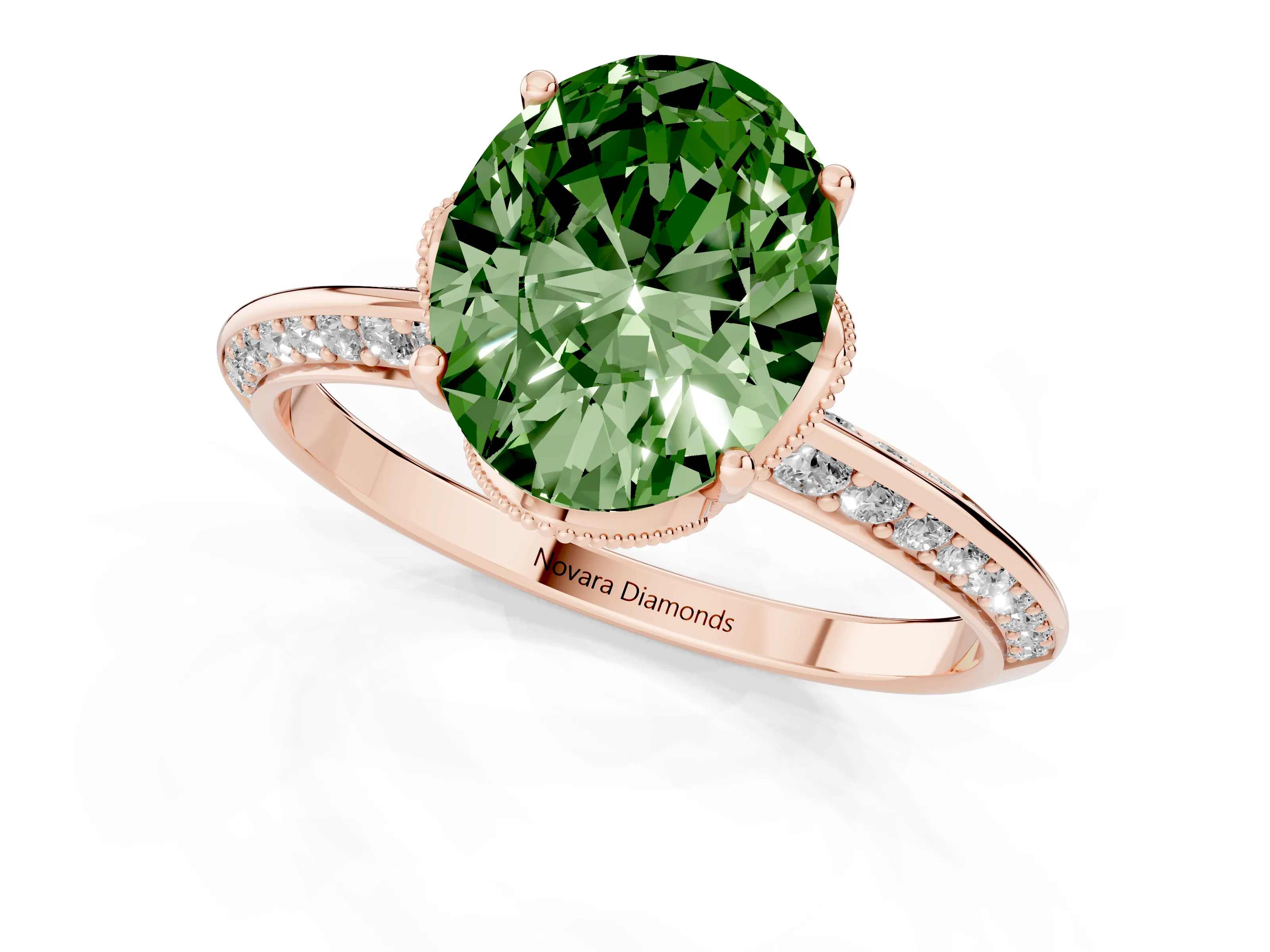 Fancy Green Oval Cut Diamond Solitaire Engagement Ring Set in Rose gold with Pavé Split Shank and Prong Setting