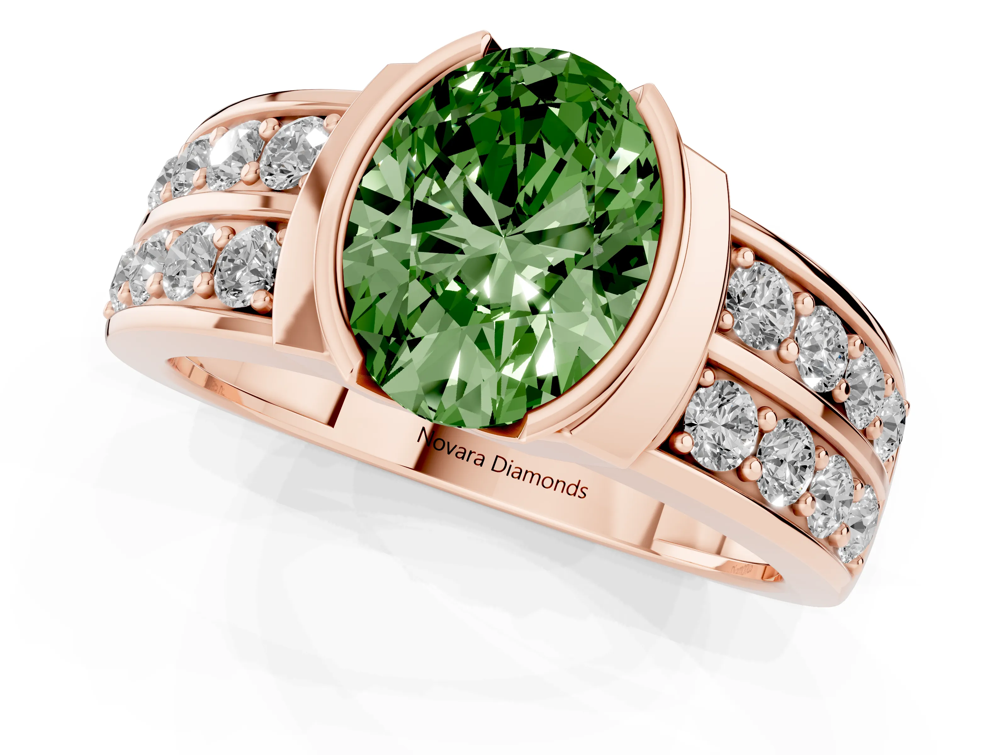 Fancy Green Oval Cut Diamond Wide Channel Set Band Ring Set in Rose gold with Bezel Setting