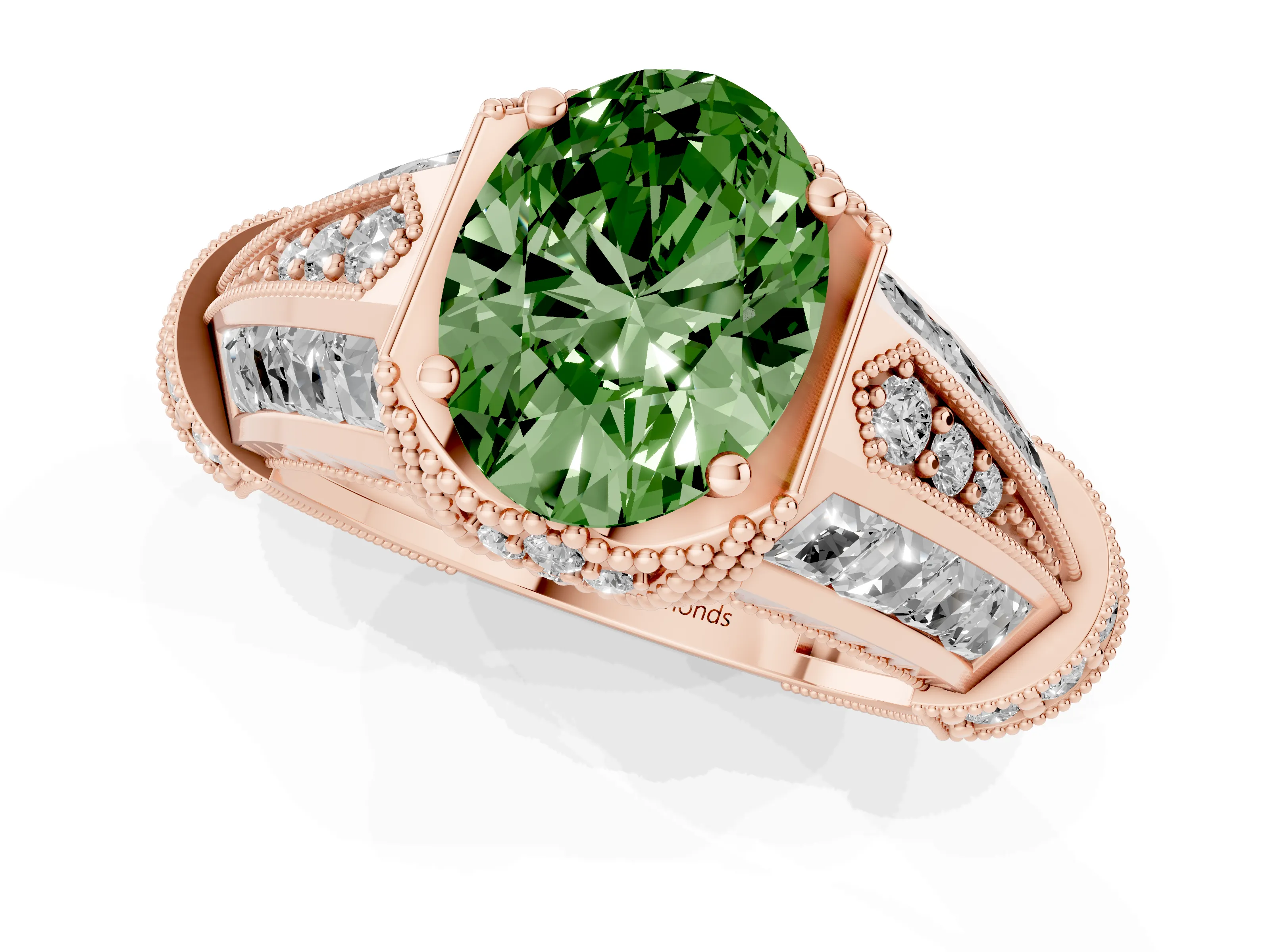 Fancy Green Oval Cut Diamond Vintage-Inspired Milgrain Ring Set in Rose gold with Accent Split Shank