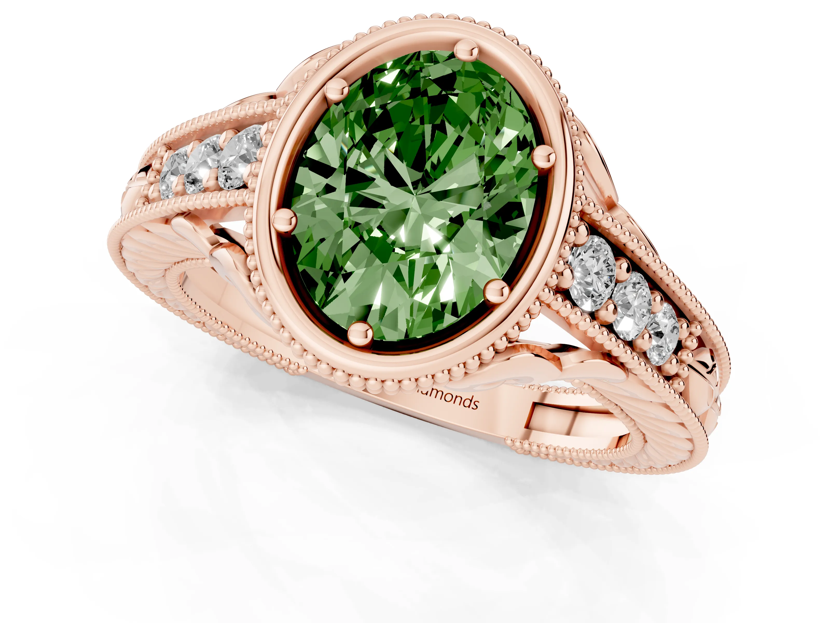 Fancy Green Bezel Set Oval Cut Diamond Milgrain Pavé Engagement Ring Set in Rose gold