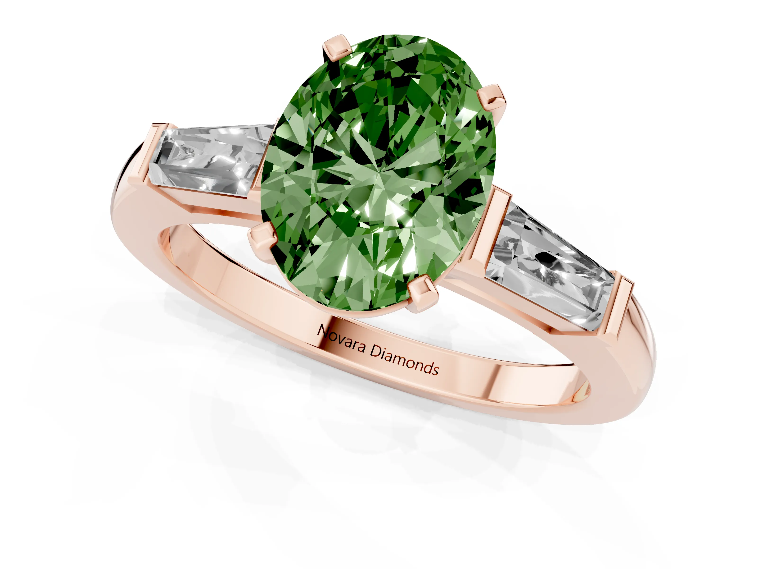 Fancy Green Oval Cut Diamond Solitaire Ring Set in Rose gold with Tapered Baguette Side Stones and Prong Setting