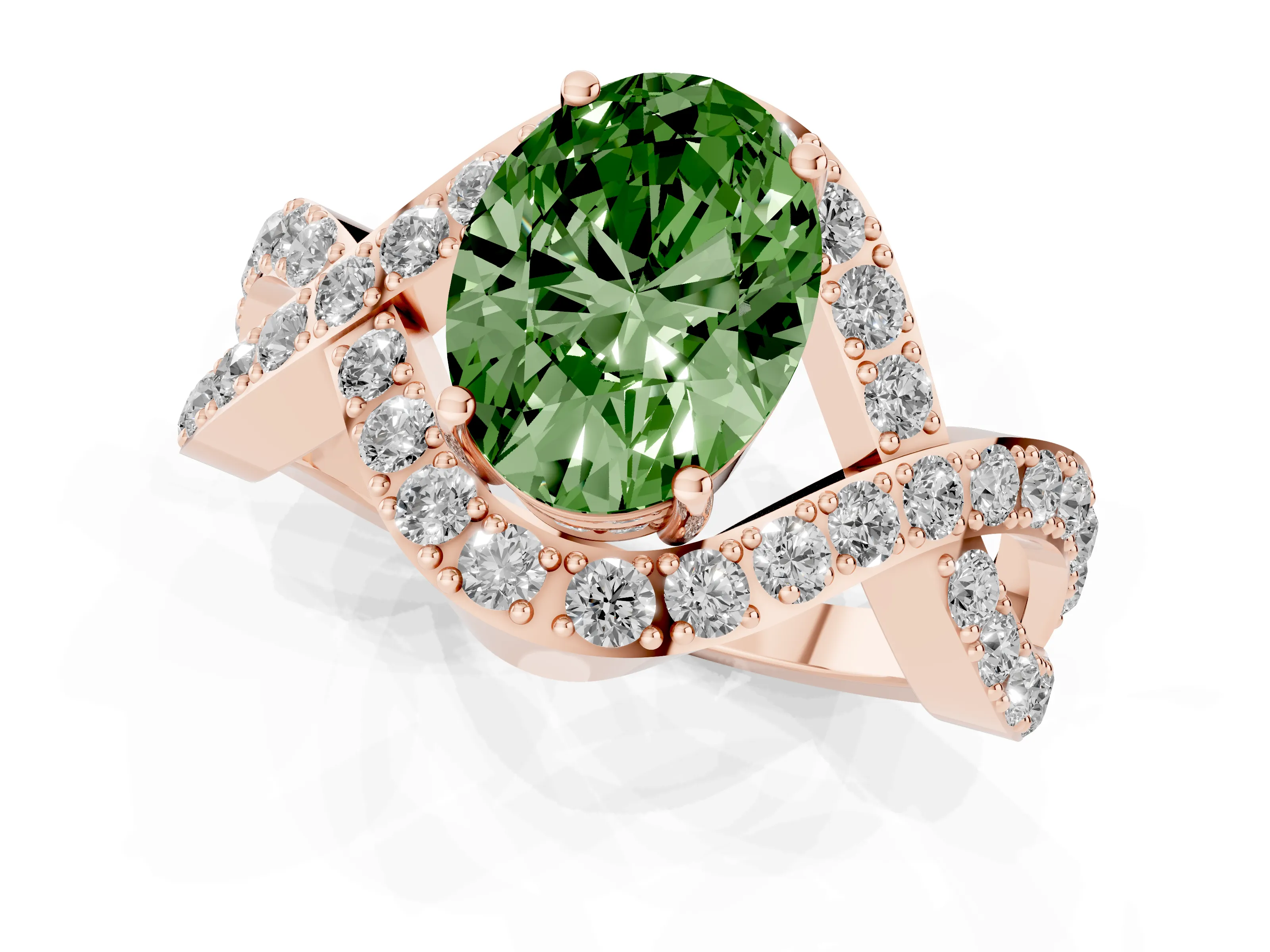 Fancy Green Oval Cut Diamond Solitaire Twist Band Pavé Engagement Ring Set in Rose gold