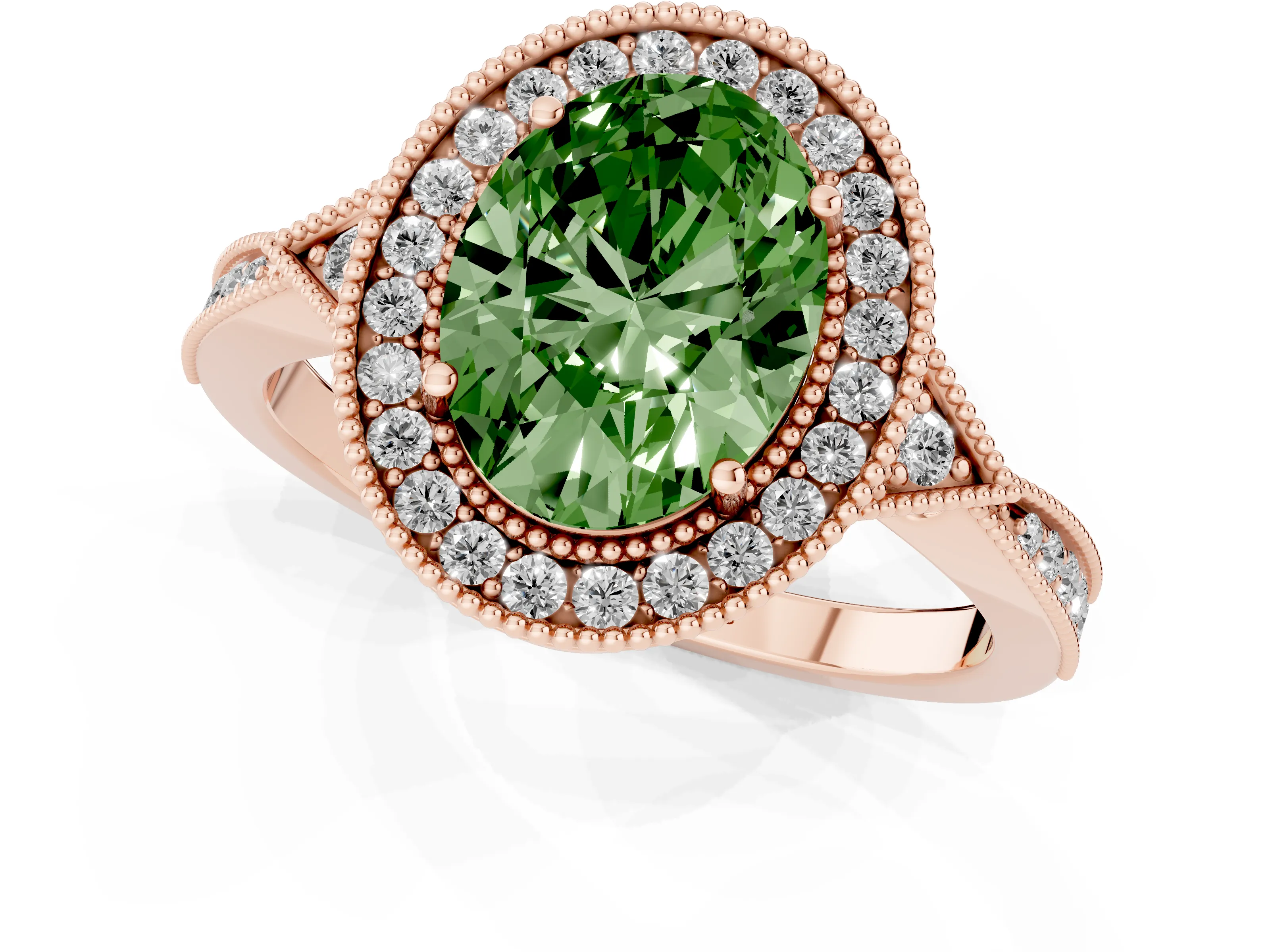 Fancy Green Oval Cut Diamond Halo Engagement Ring Set in Rose gold with Milgrain Pavé Band