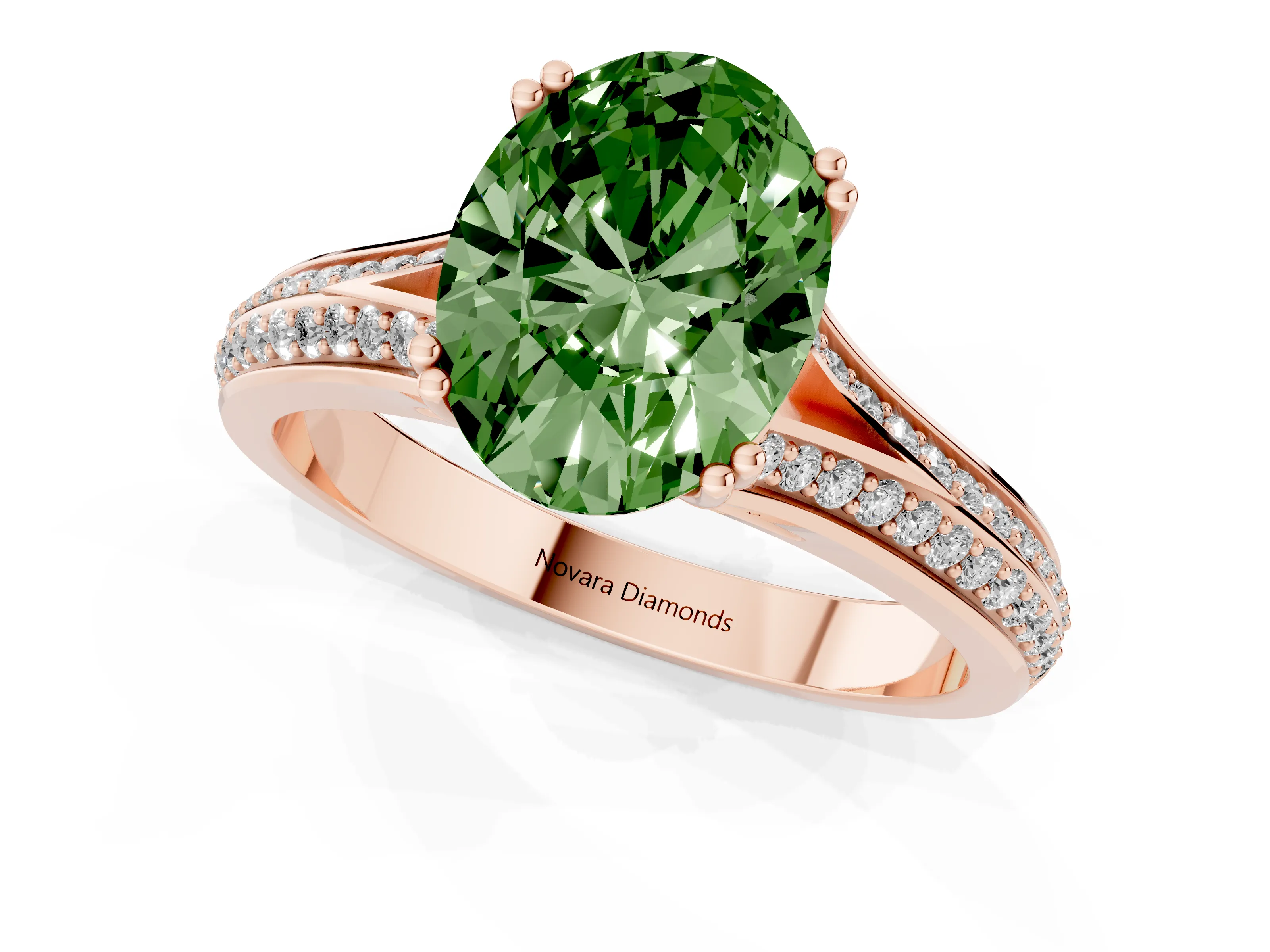 Fancy Green Oval Cut Diamond Split Shank Pavé Engagement Ring Set in Rose gold with Prong-Set Center Stone