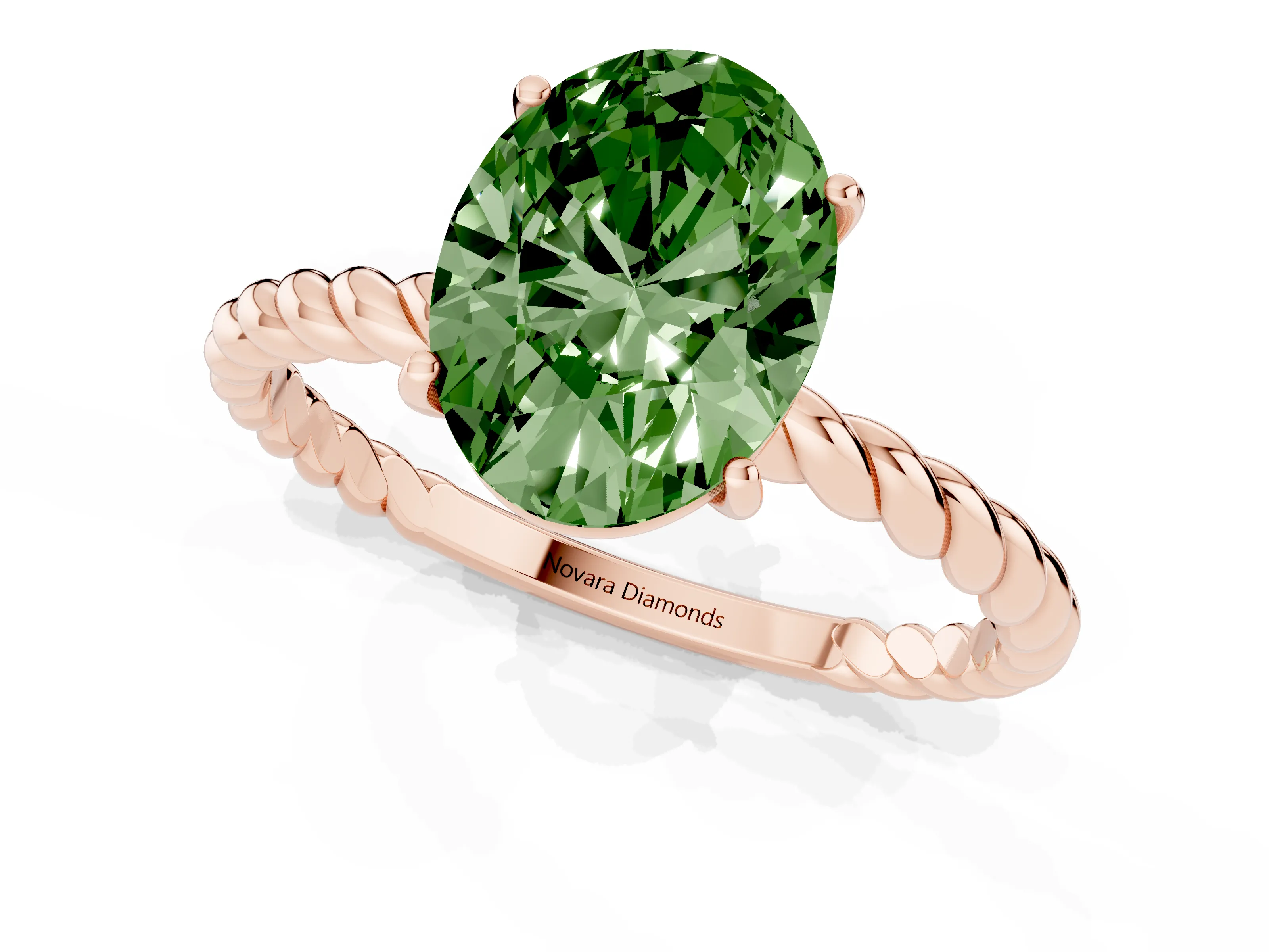 Fancy Green Oval Cut Diamond Solitaire Twisted Band Ring Set in Rose gold with Prong Solitaire Setting