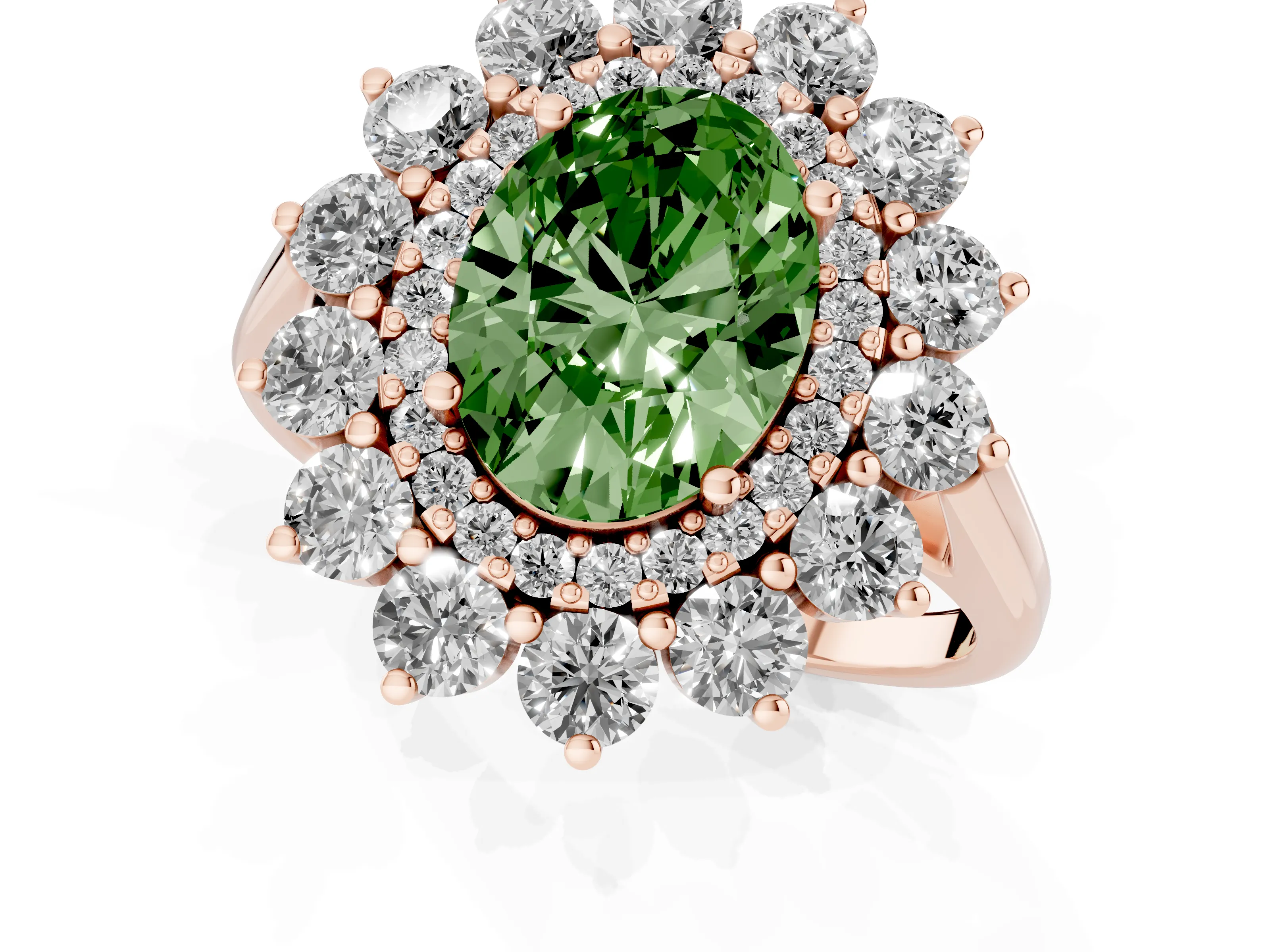 Fancy Green Oval Cut Diamond Floral Double Halo Ring Set in Rose gold with Round Petals
