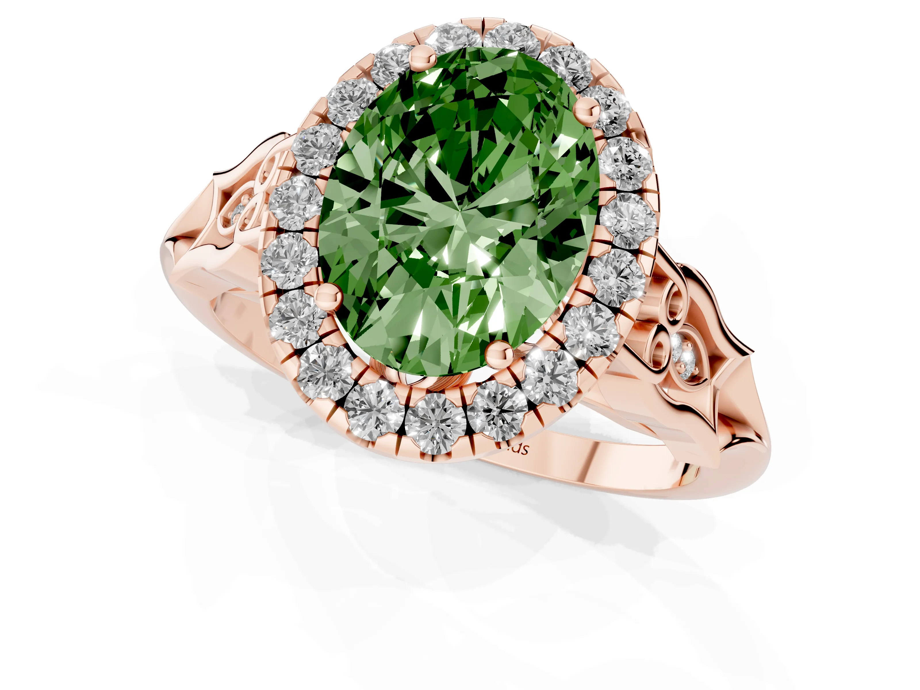 Fancy Green Oval Cut Diamond Halo Engagement Ring Set in Rose gold with Filigree Band and Prong-Set Center