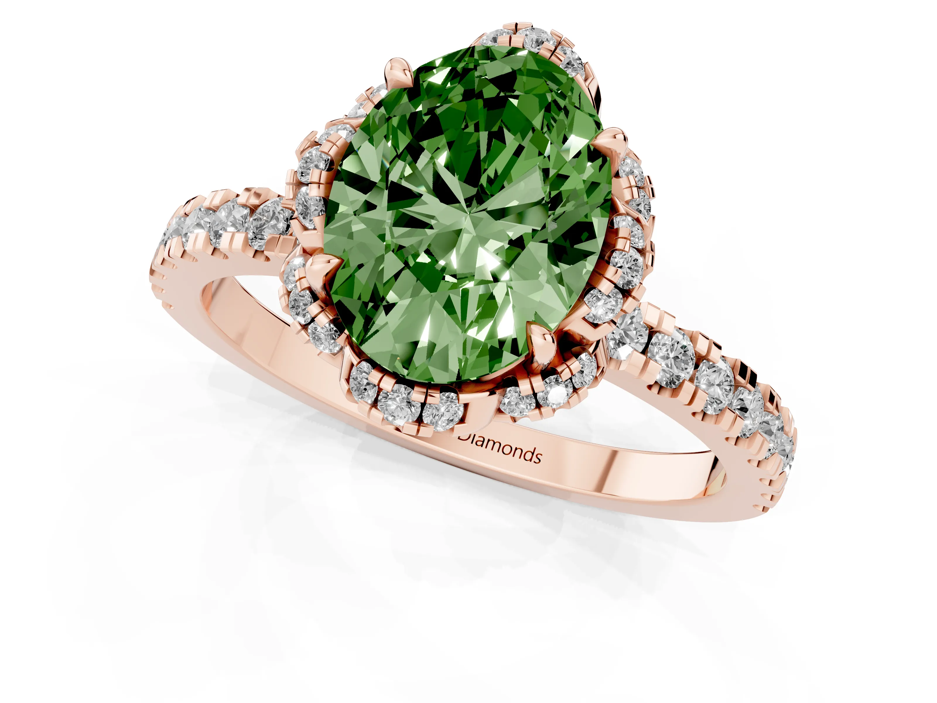 Fancy Green Oval Cut Diamond Halo Pavé Band Ring Set in Rose gold with Prong-Held Center