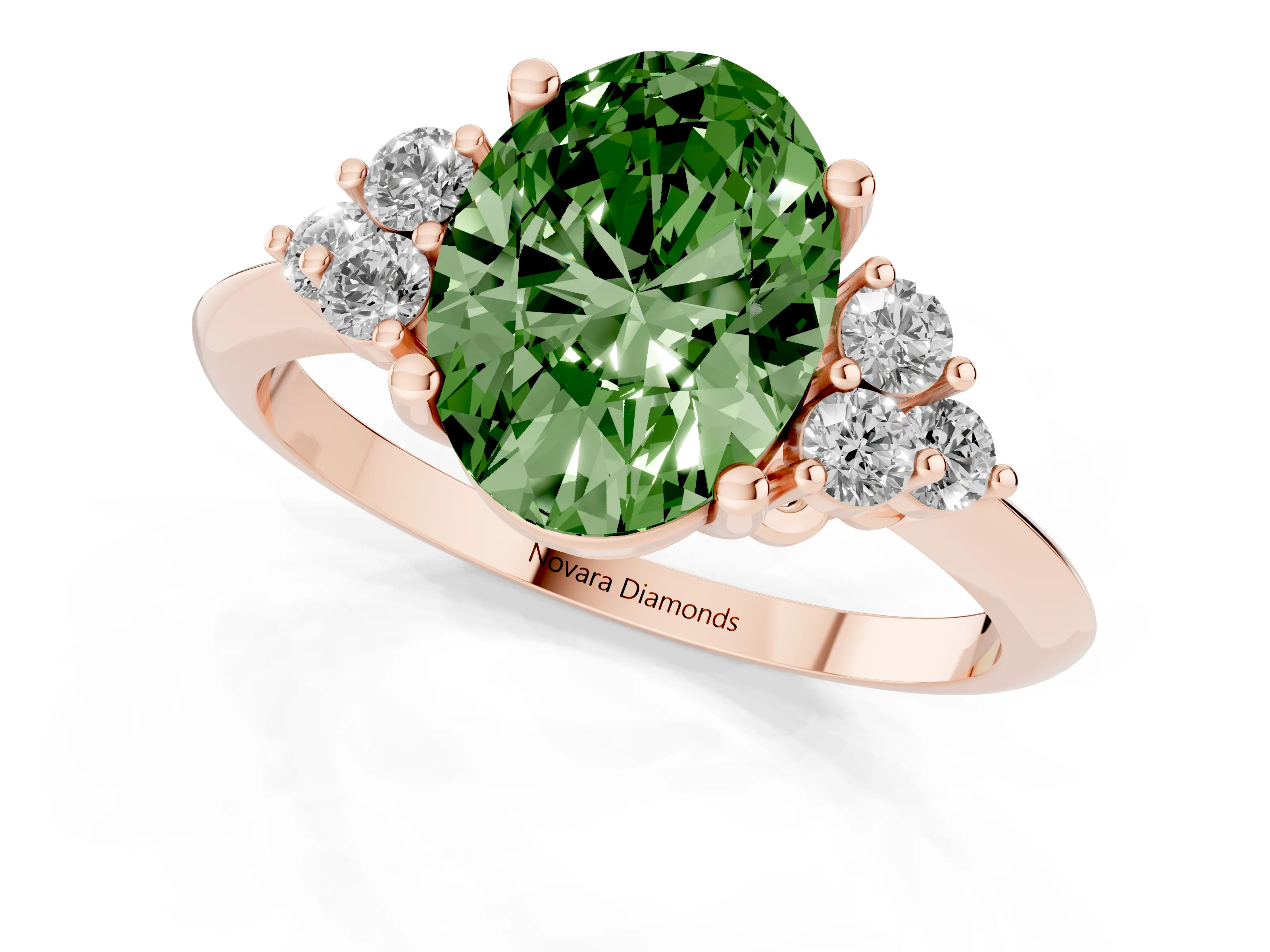 Fancy Green Oval Cut Diamond Cluster Ring Set in Rose gold with Plain Band and Prong Setting