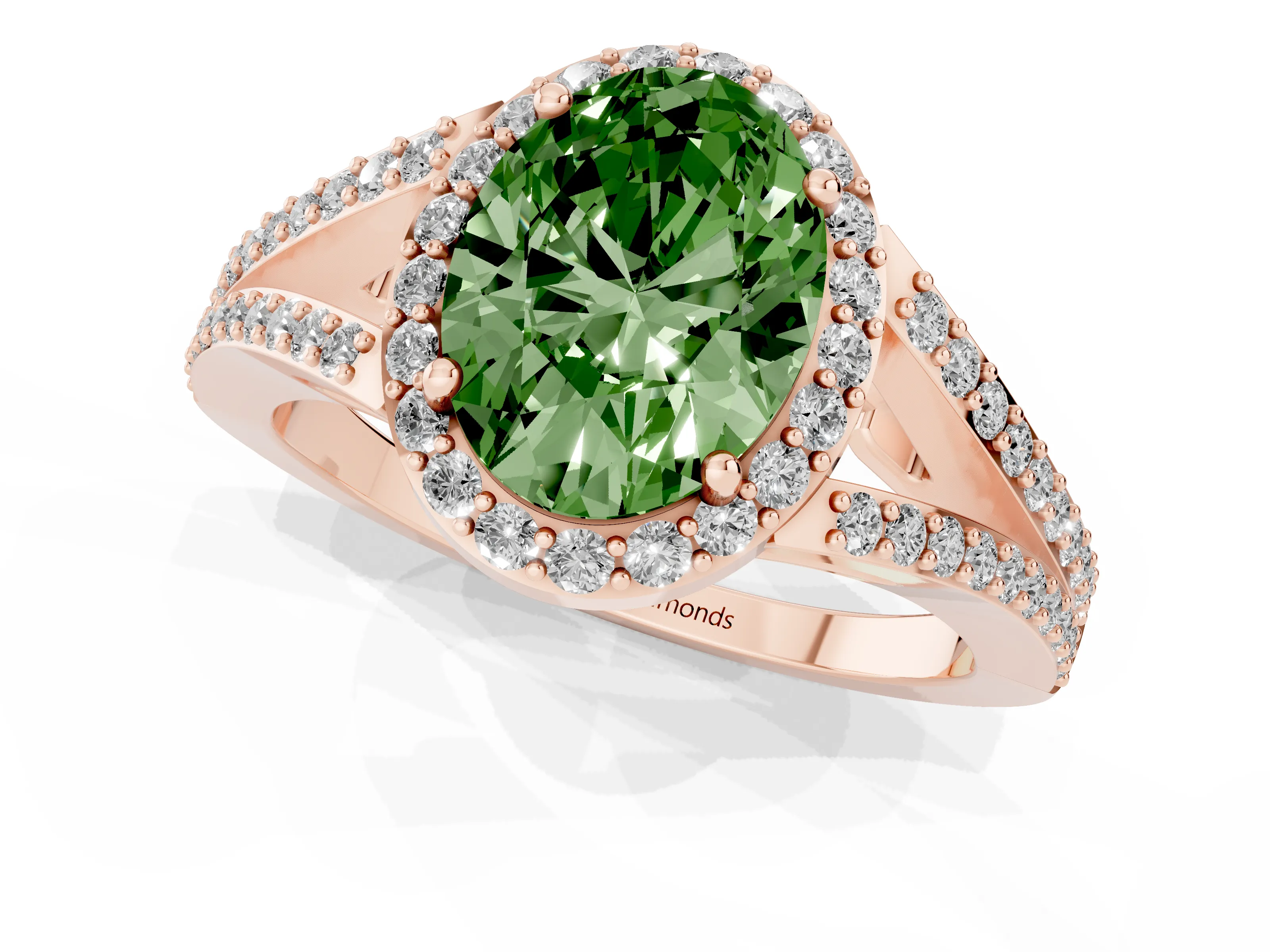 Fancy Green Oval Cut Diamond Halo Split Shank Ring Set in Rose gold with Accent Stones and Prong Setting