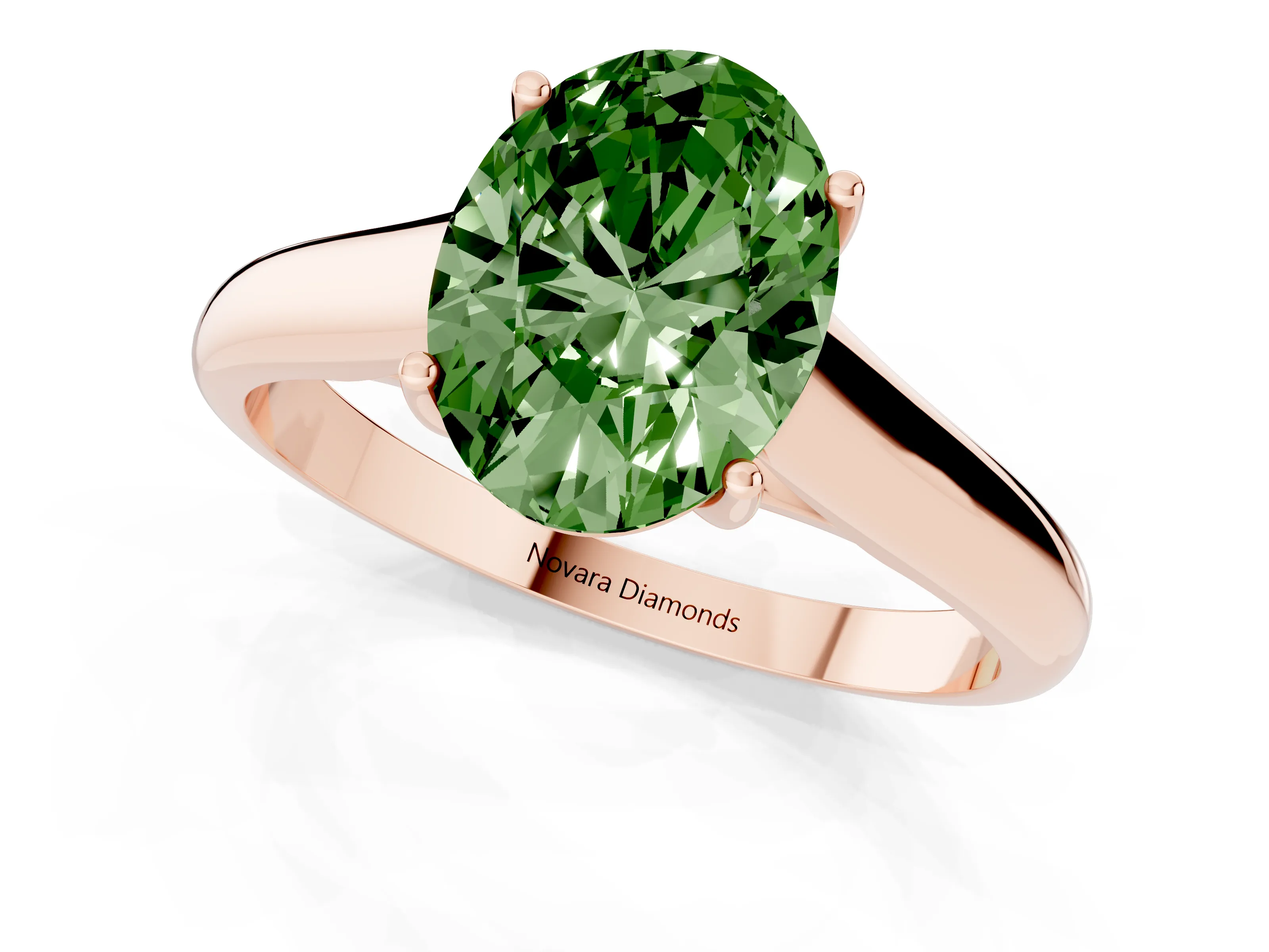 Fancy Green Oval Cut Diamond Solitaire Engagement Ring Set in Rose gold with Subtly Tapered Band and Prong Setting