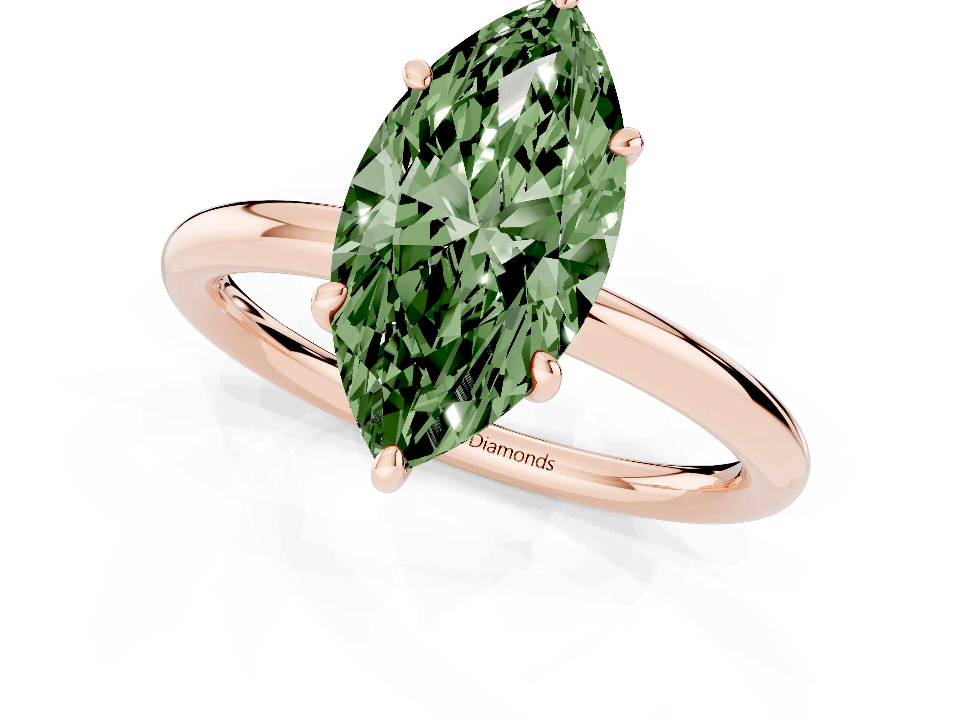 Fancy Green Oval Cut Diamond Solitaire Ring Set in Rose gold with Prong Setting on a Polished Plain Band