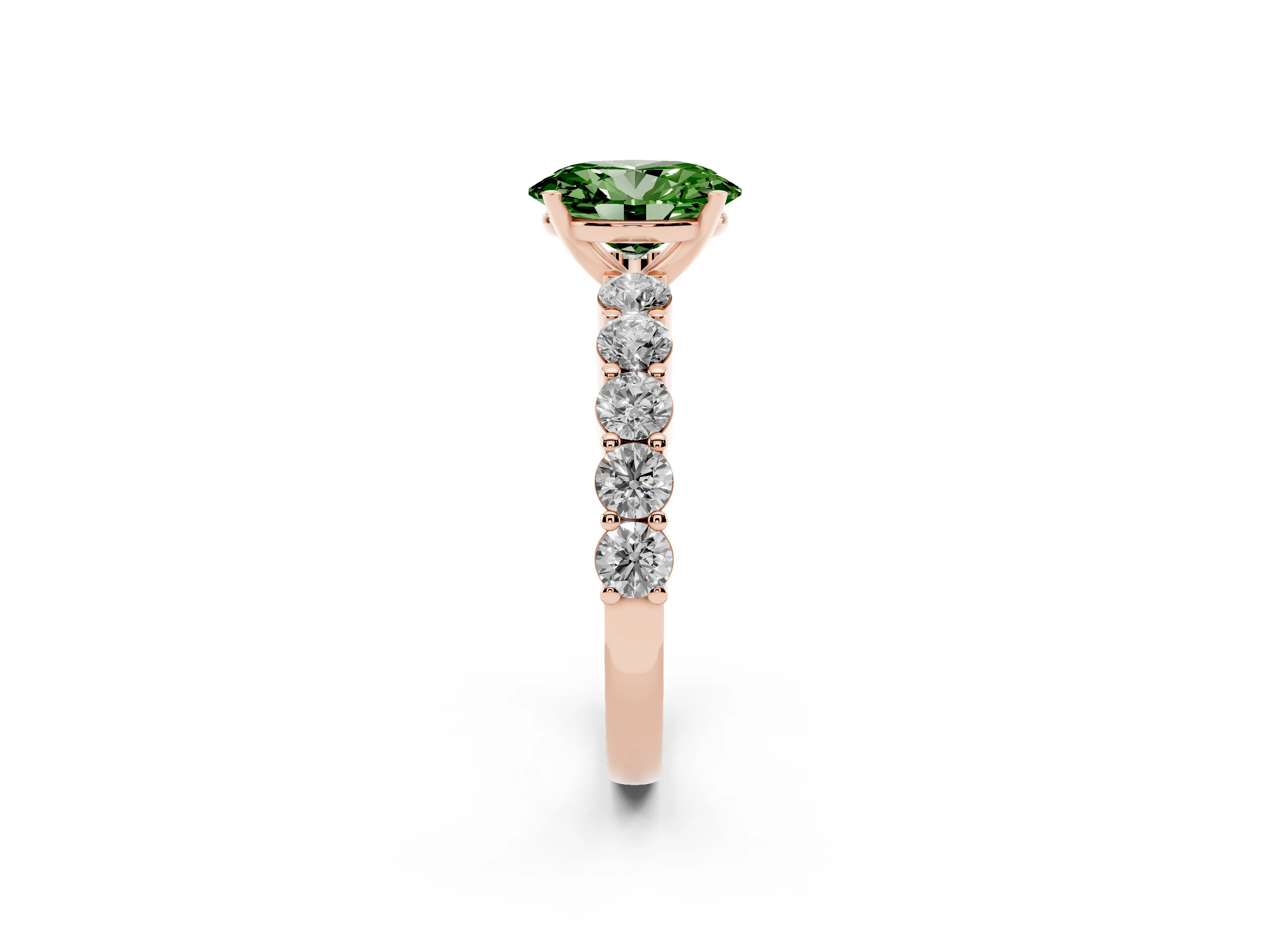 Fancy Green Oval Cut Diamond Solitaire Ring Set in Rose gold with Shared Prong Round Side Stones