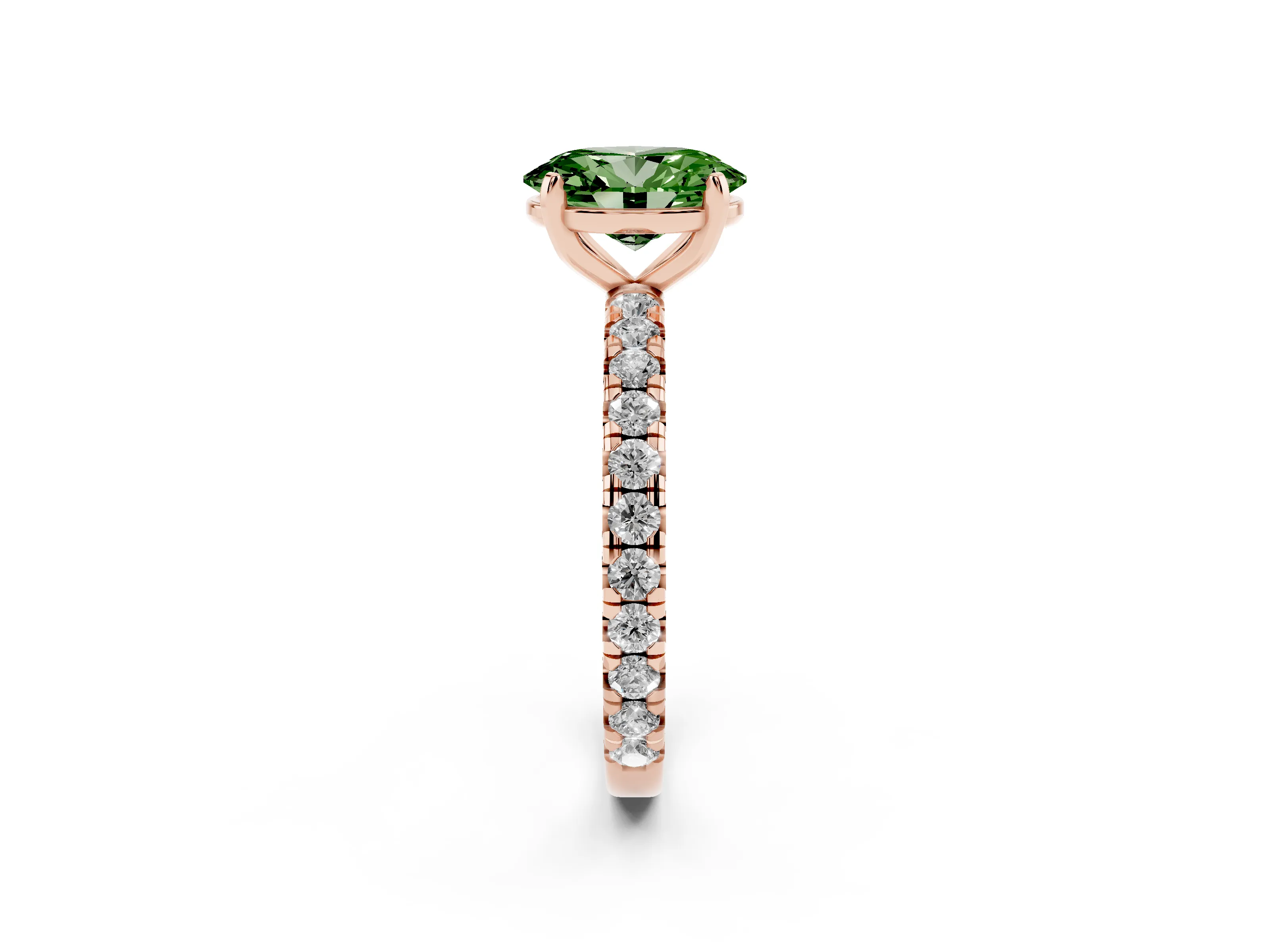 Fancy Green Oval Cut Diamond Pavé Solitaire Ring Set in Rose gold with Round Band and Prong Setting