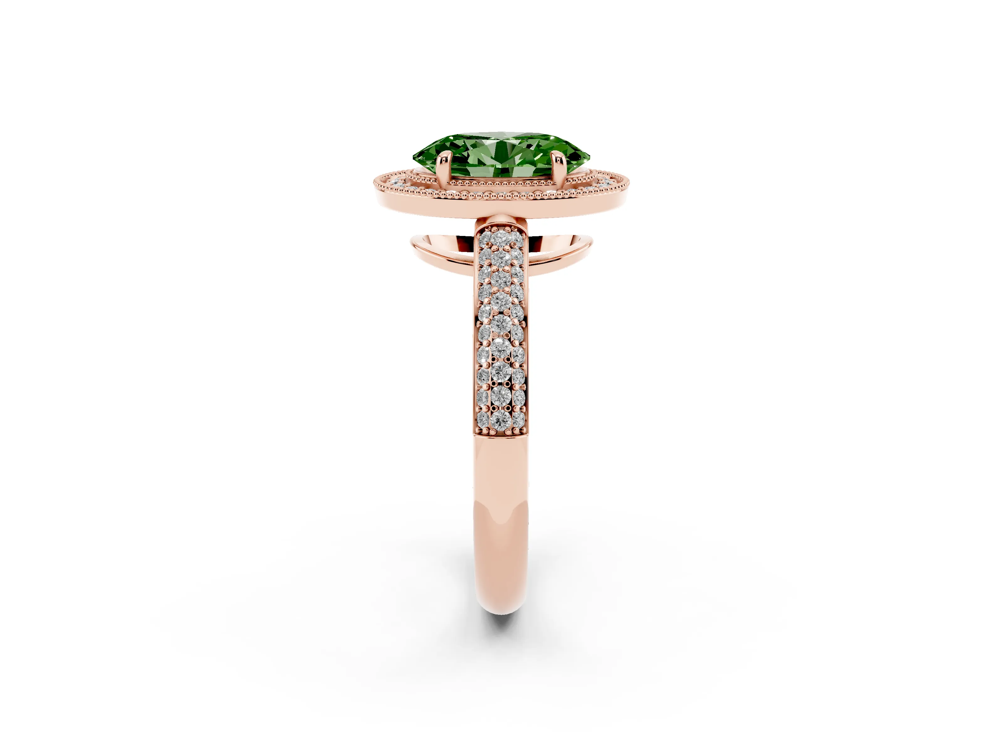 Fancy Green Oval Cut Diamond Halo Pavé Band Set in Rose gold with Prong Setting
