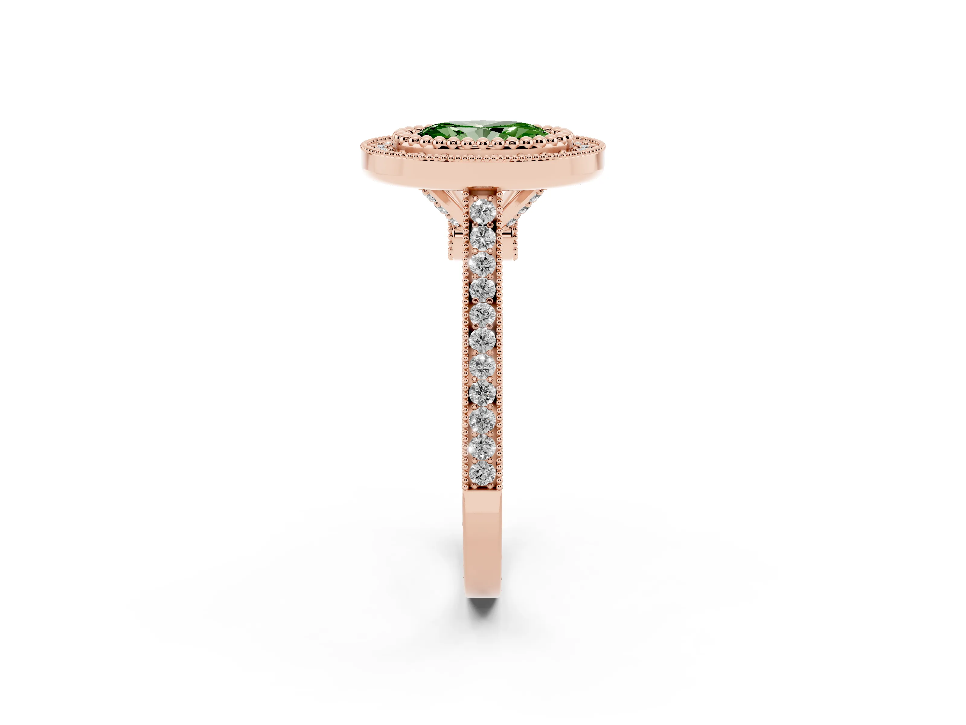 Fancy Green Oval Cut Diamond Halo Ring Set in Rose gold with Milgrain Frame and Pavé Band